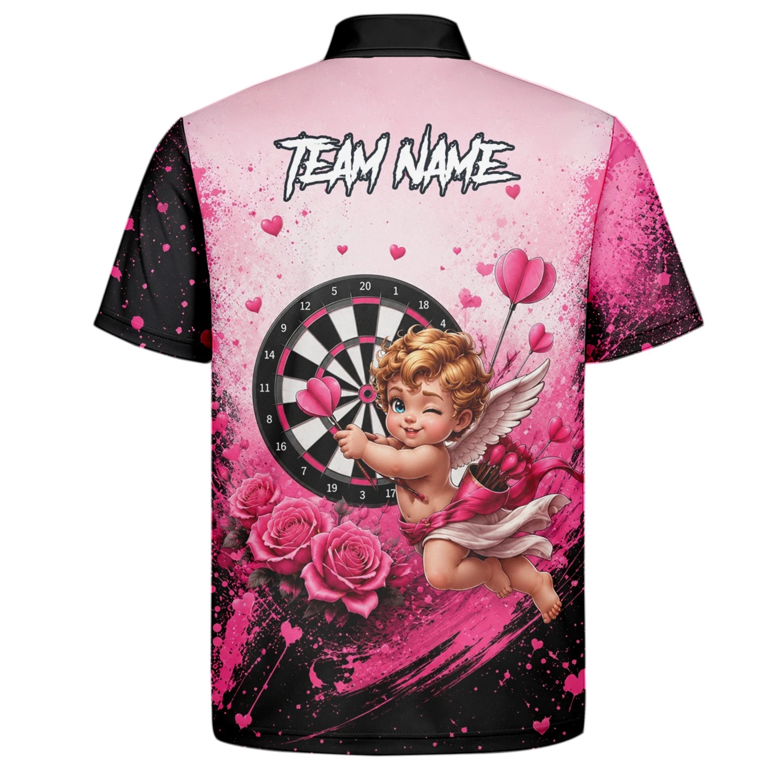 Personalisiertes Pink-schwarzes Amor-Dartboard Dartshirt für Herren I643