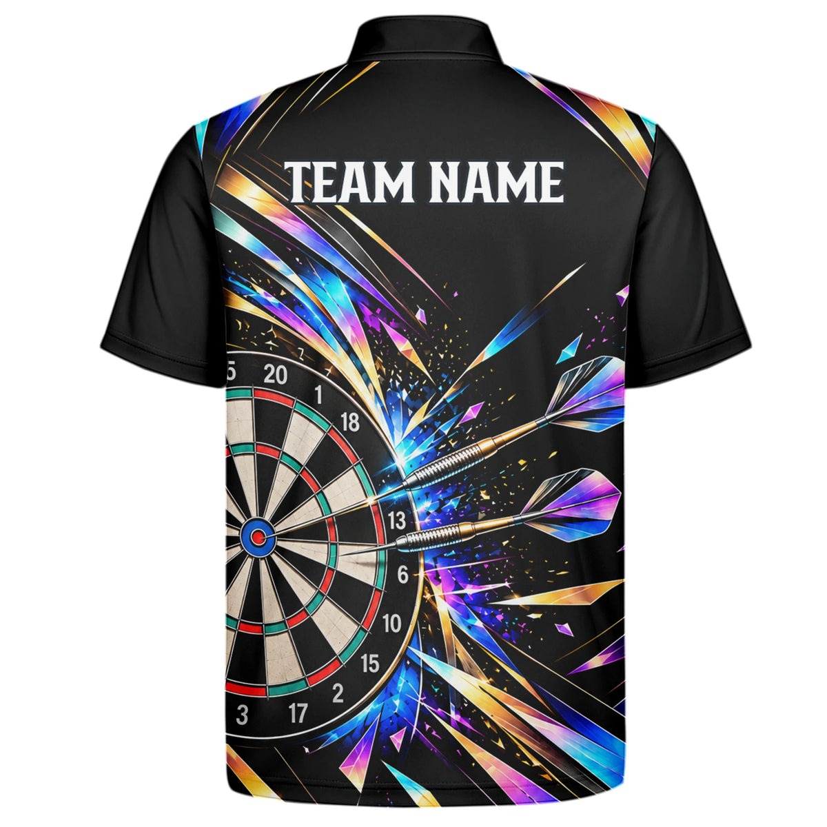 Personalisiertes Dartshirt in Schwarz mit bunten geometrischen Splittern und Dartscheibe für Herren L2897