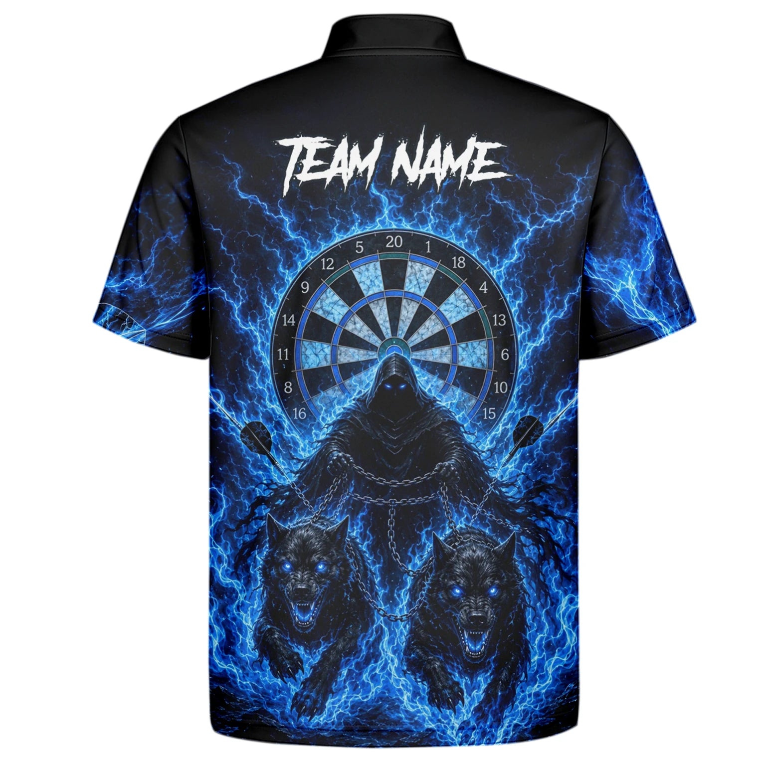Personalisiertes Schwarz-blaues Sensenmann-und-Wölfe-Dartshirt für Herren X871
