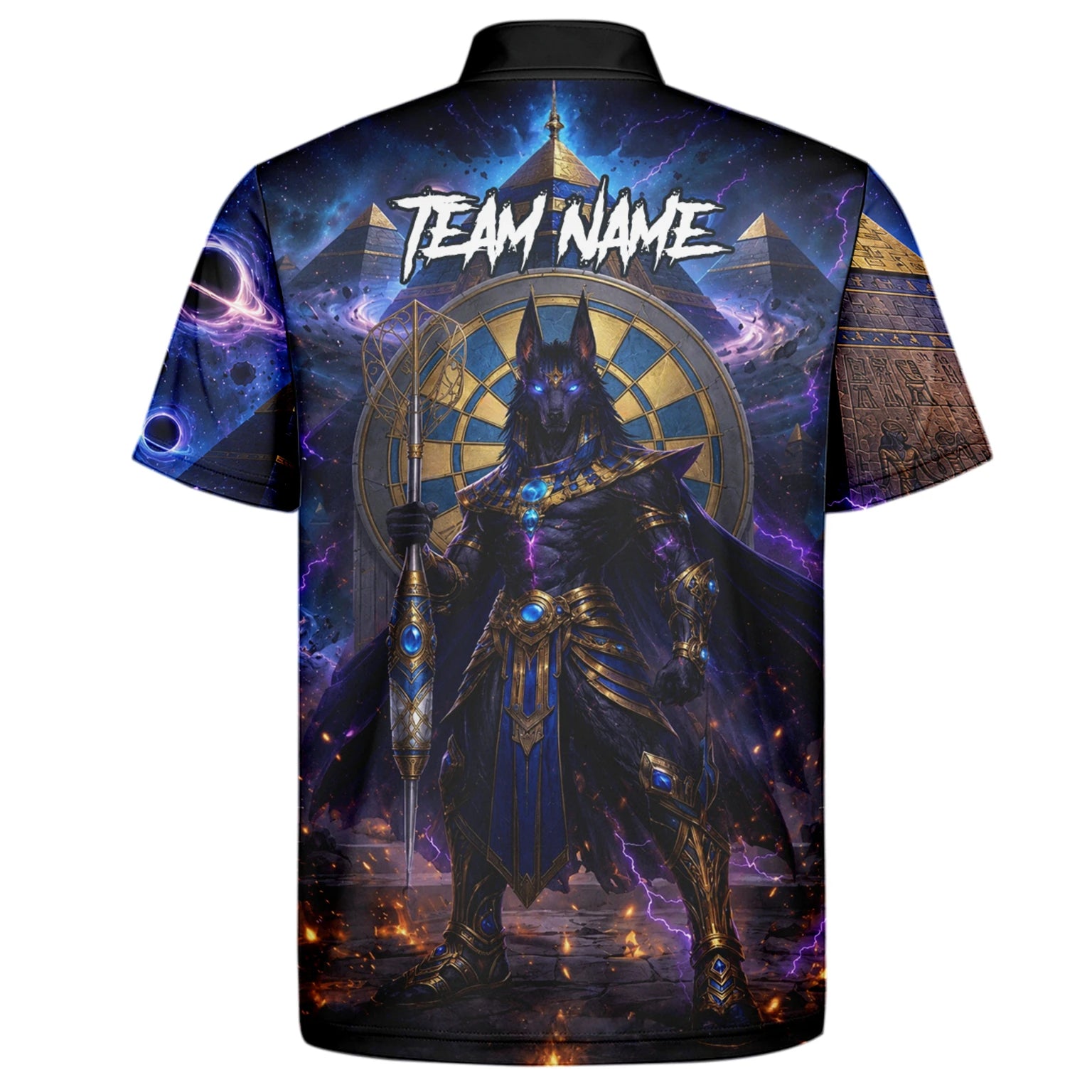 Personalisiertes Blau-gold-schwarzes Anubis-Dartshirt für Herren N118