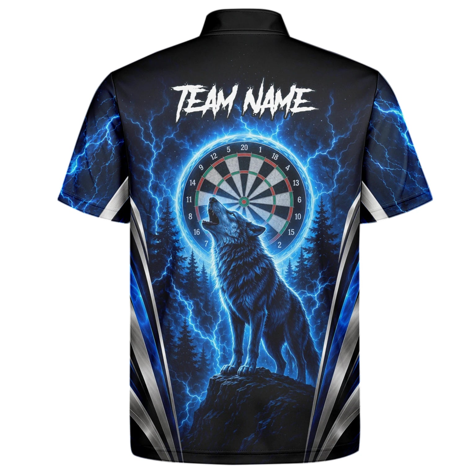 Personalisiertes Schwarz-blaues Wolf-Blitz-Dartshirt für Herren X929