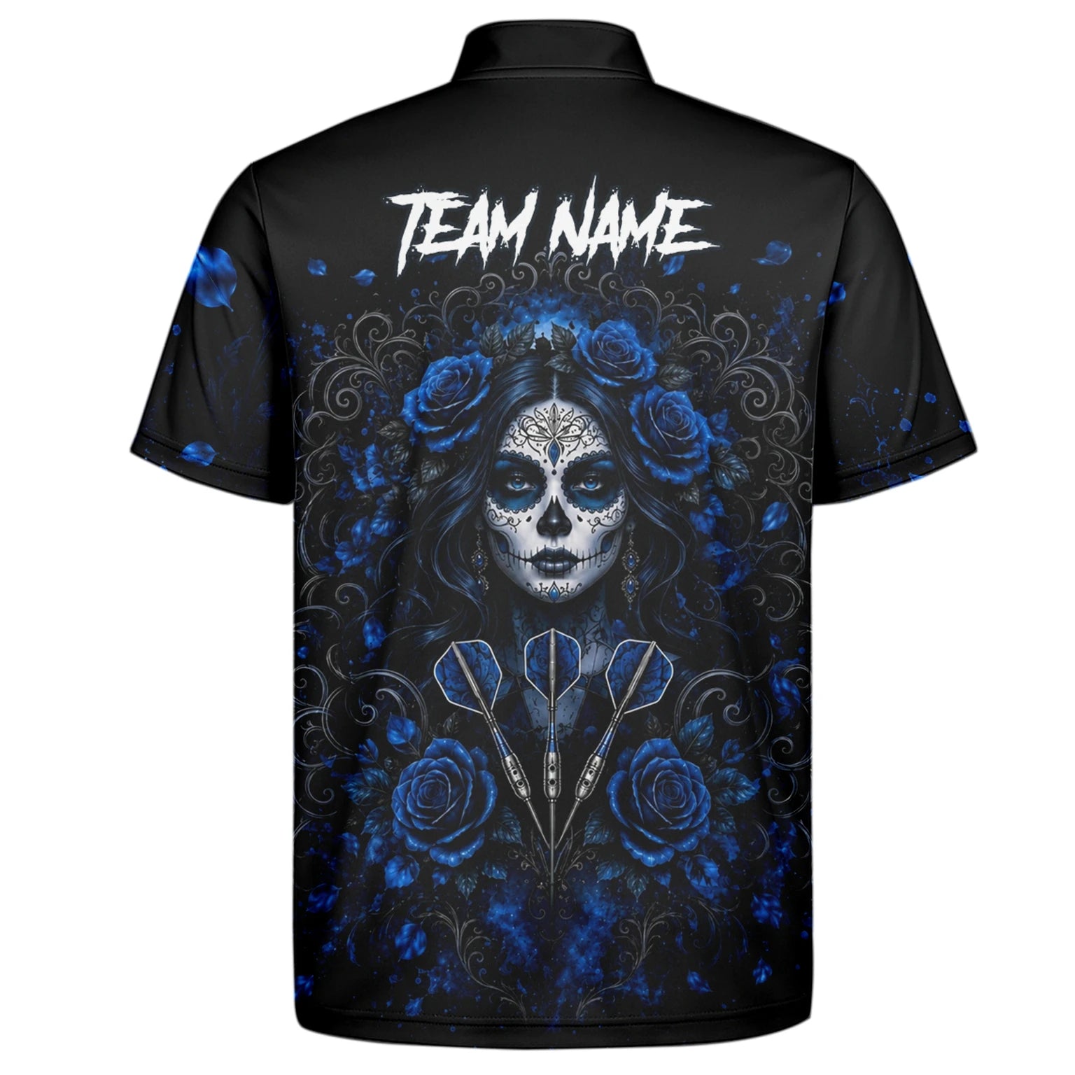 Personalisiertes Schwarz-blaues Sugar-Skull-Rosen-Dartshirt für Herren I884