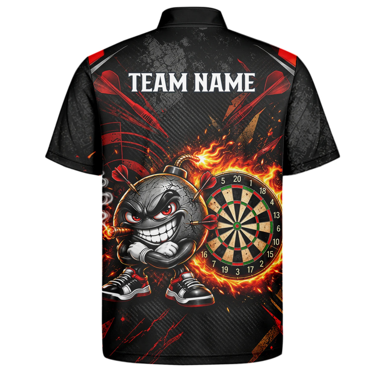 Personalisiertes Dartshirt mit schwarz-roter wütender Comic-Bombe und Dartscheibe für Herren C3423