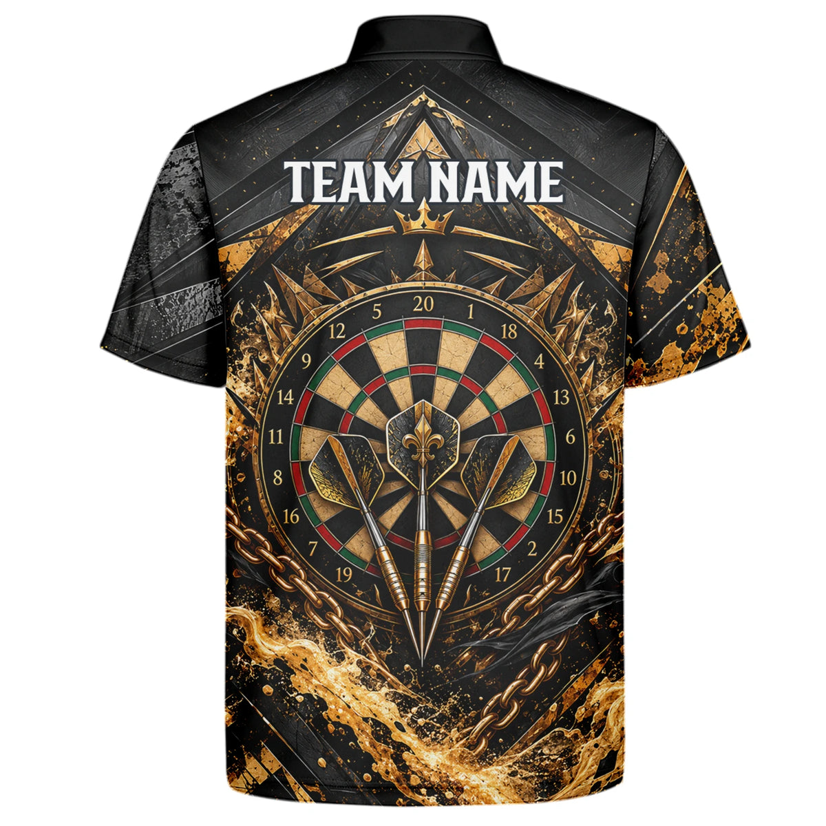 Personalisiertes Dartshirt in Schwarz und Gold mit Piraten-Totenkopf und Dartscheibe für Herren X7403