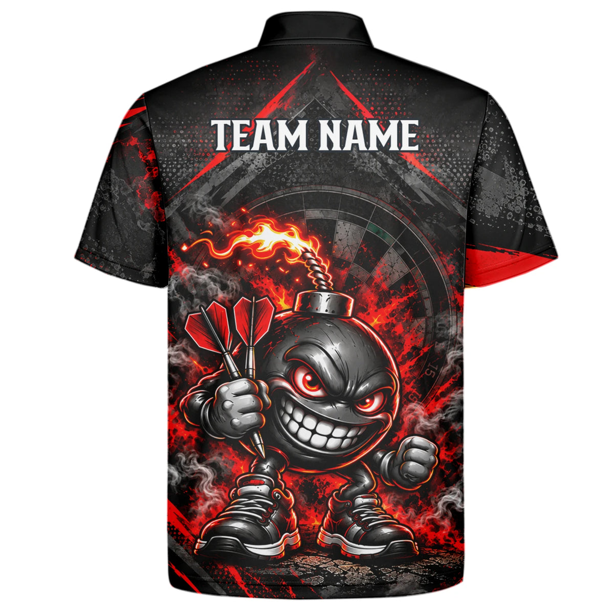 Personalisiertes Dartshirt in Schwarz und Rot mit feurigen Comic-Bomben und Dartscheibe für Herren U4656