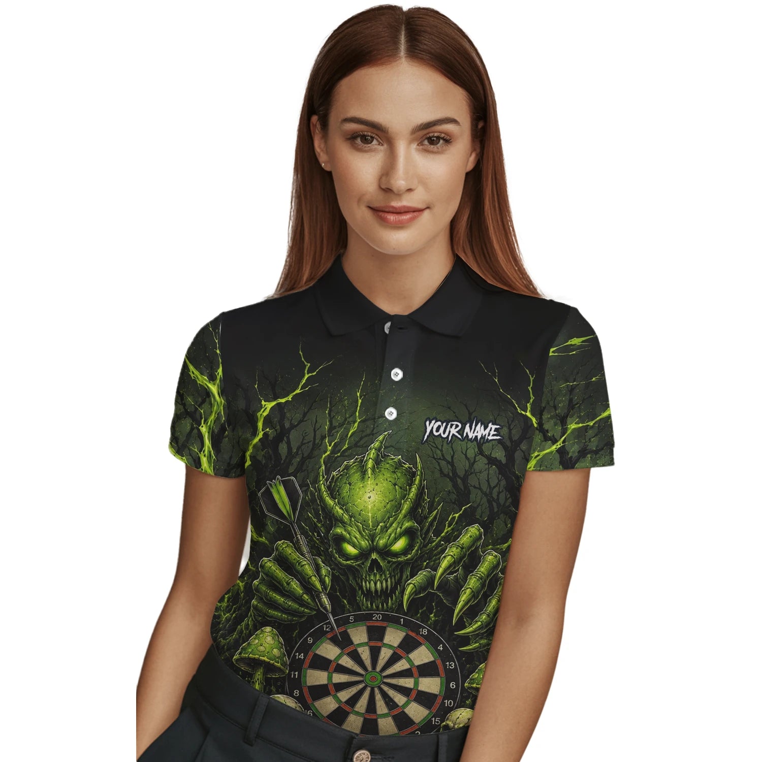 Personalisiertes Schwarz-grünes Monster-Totenkopf-Dartboard Dartshirt für Damen A277