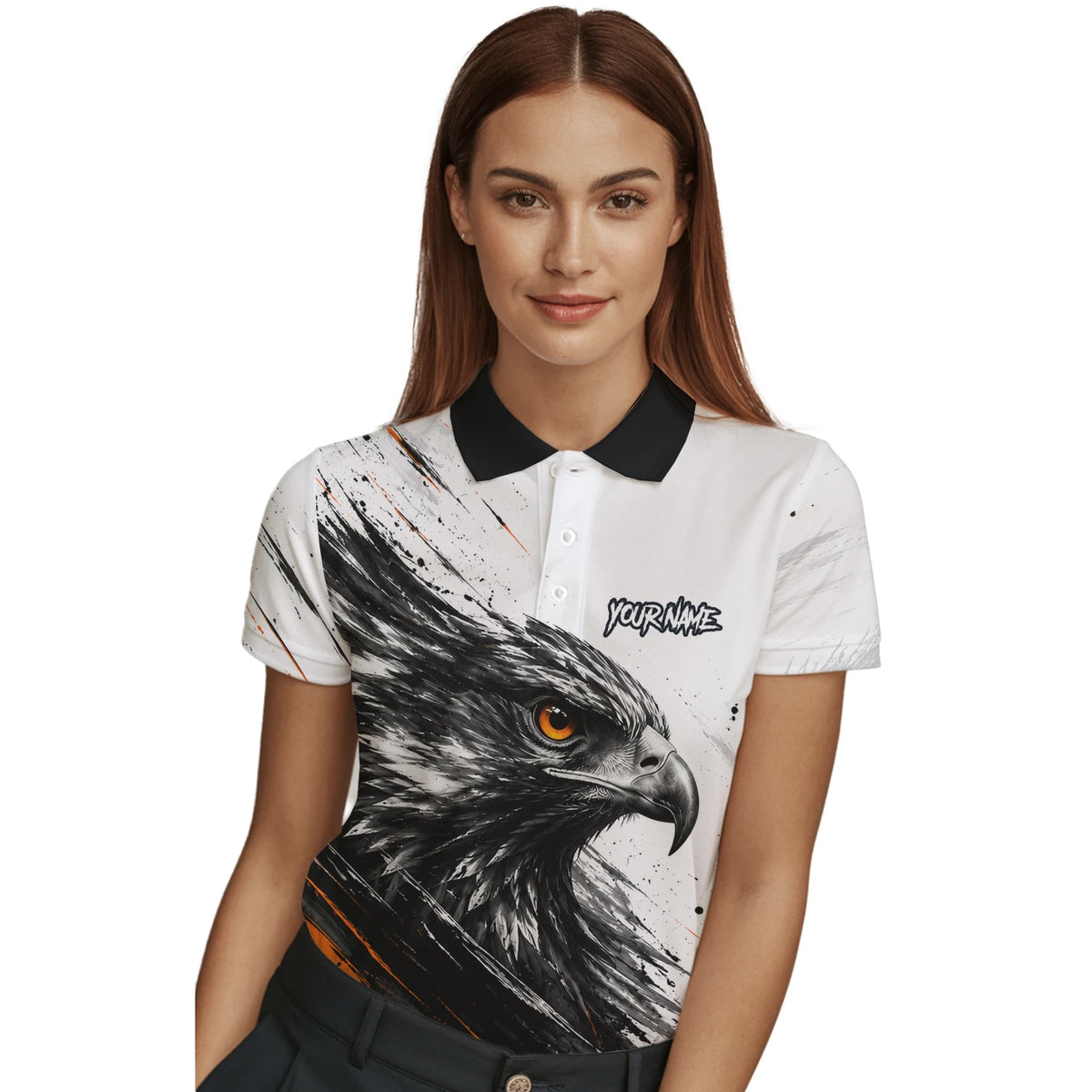 Personalisiertes Dartshirt mit weiß-schwarz-orangenem Adler für Damen V695