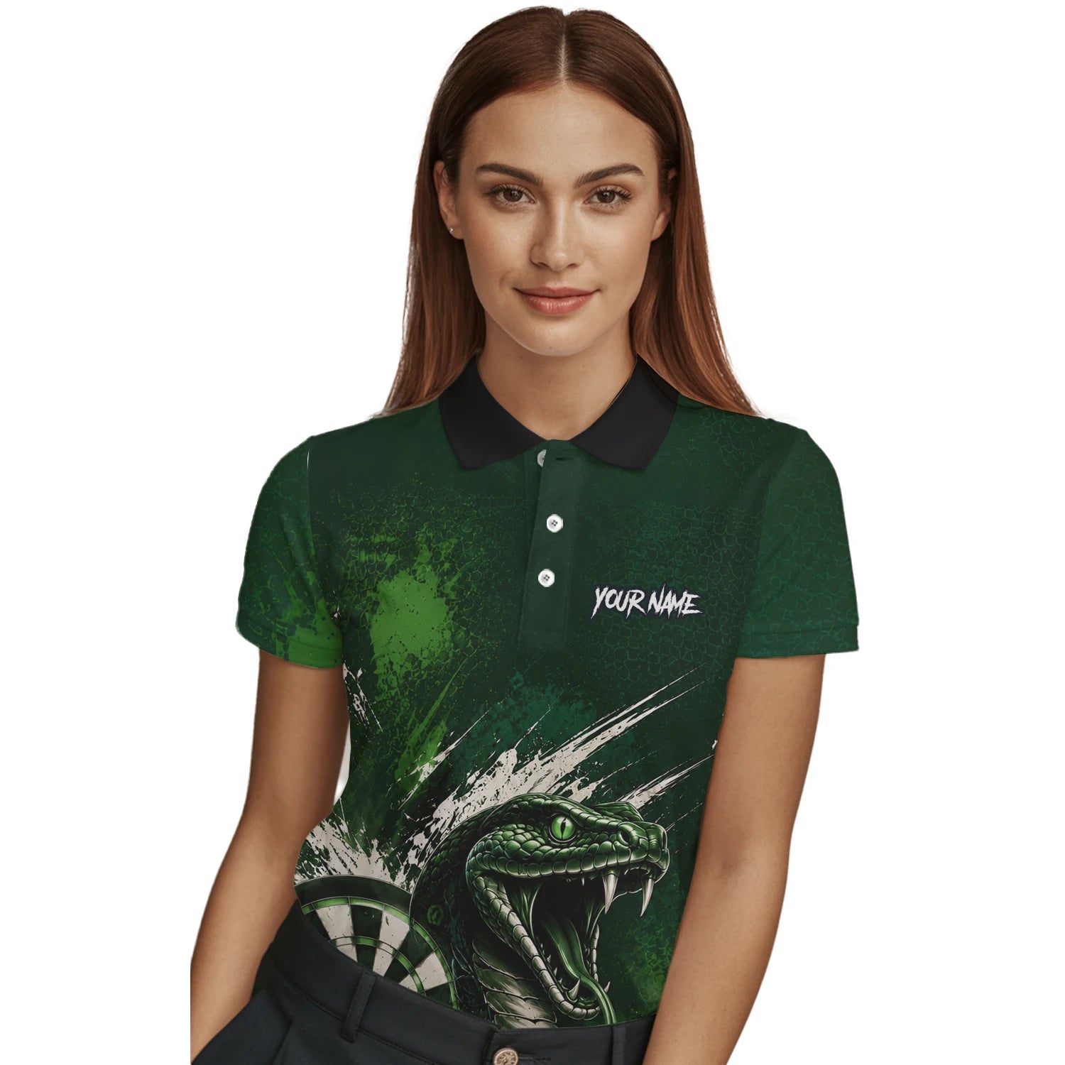 Personalisiertes Grün-schwarzes Kobra-Dartboard Dartshirt für Damen M244