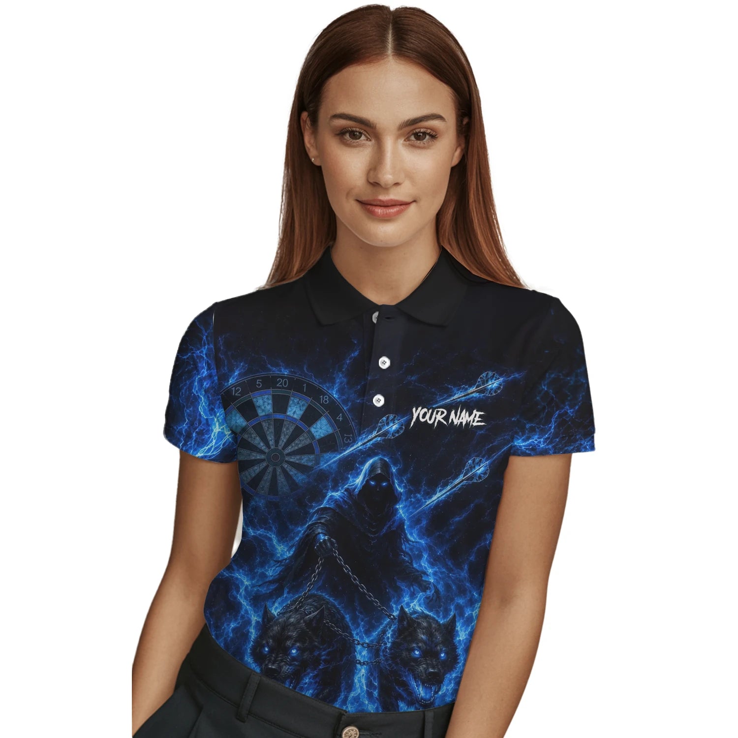 Personalisiertes Schwarz-blaues Sensenmann-und-Wölfe-Dartshirt für Damen X871