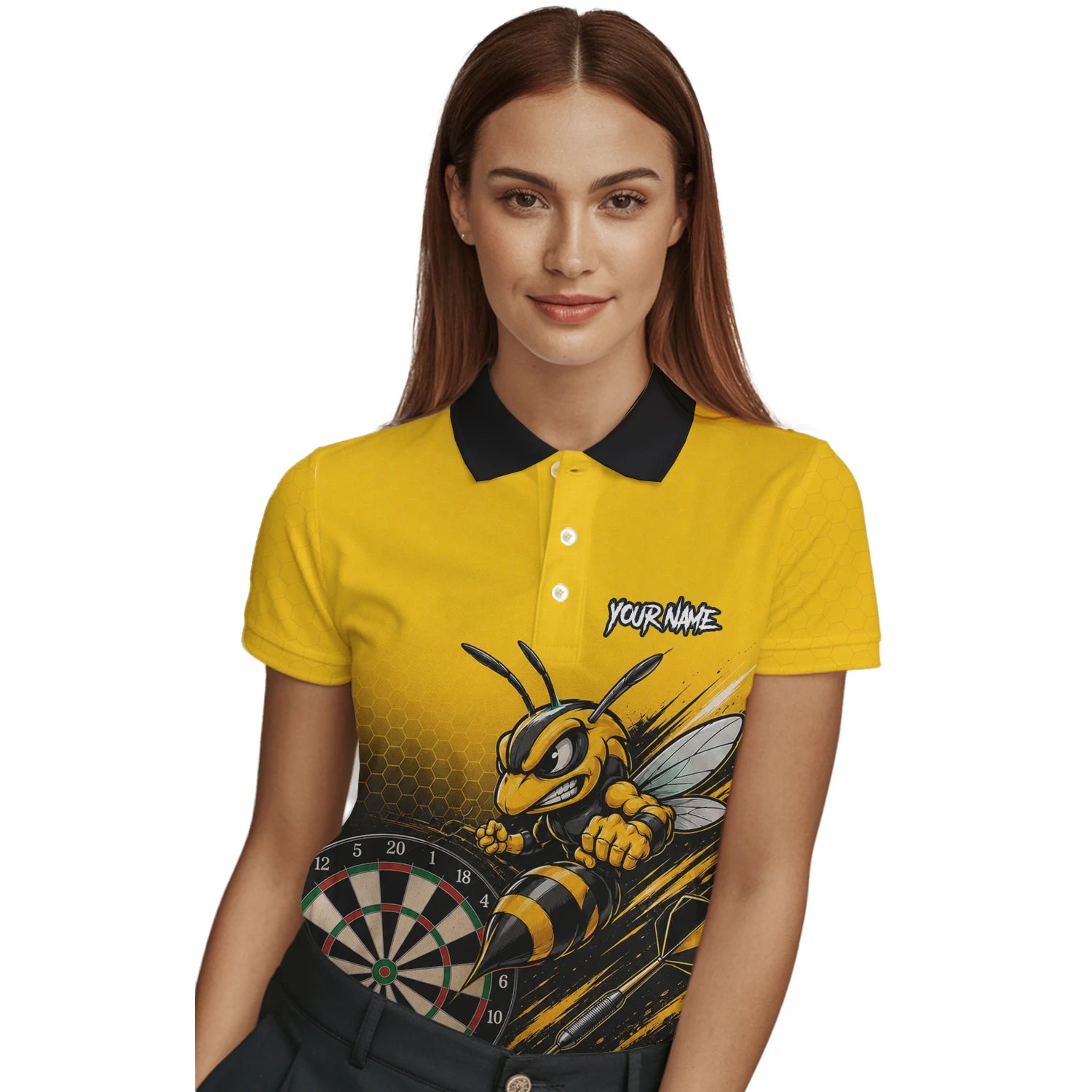 Personalisiertes Gelb-schwarzes Wespen-Dartshirt für Damen F032