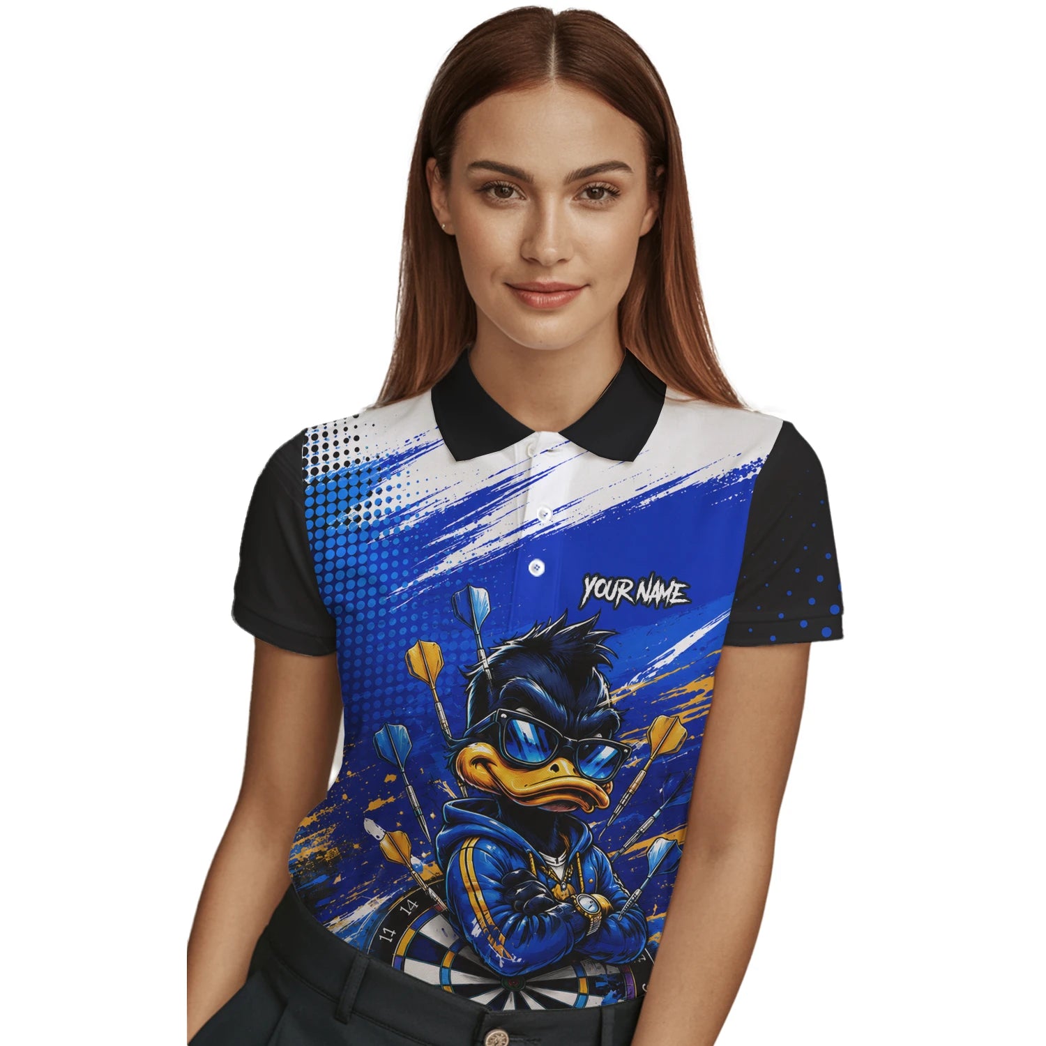 Personalisiertes Blau-goldenes Enten Dart Poloshirt für Damen L859