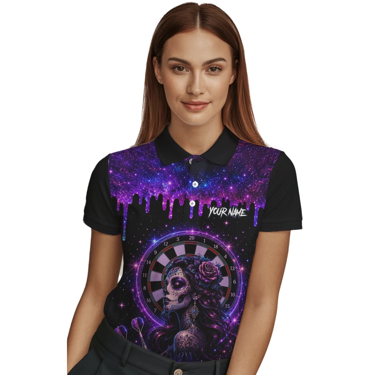 Personalisiertes Lila Galaxie Sugar-Skull-Dartshirt für Damen Z967