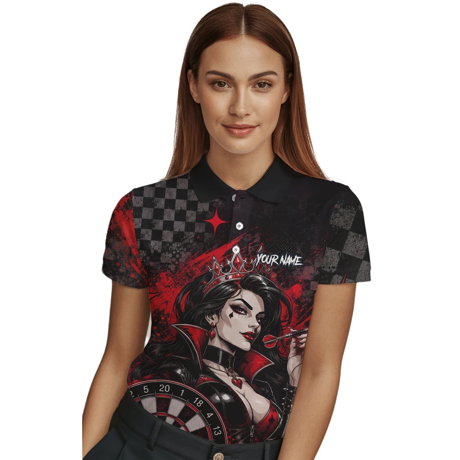 Personalisiertes Schwarz-rotes Herz-Dame-Dartshirt für Damen R803