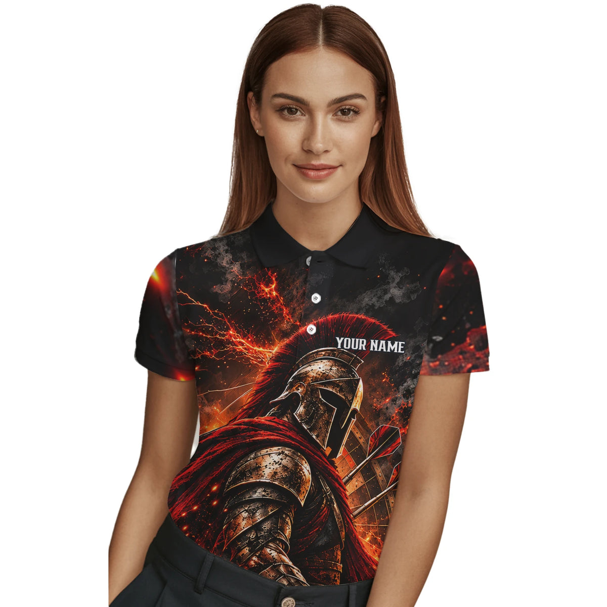 Personalisiertes Dartshirt in Schwarz, Rot und Orange mit Spartanerhelm, Flammen und Dartscheibe für Damen Z3444
