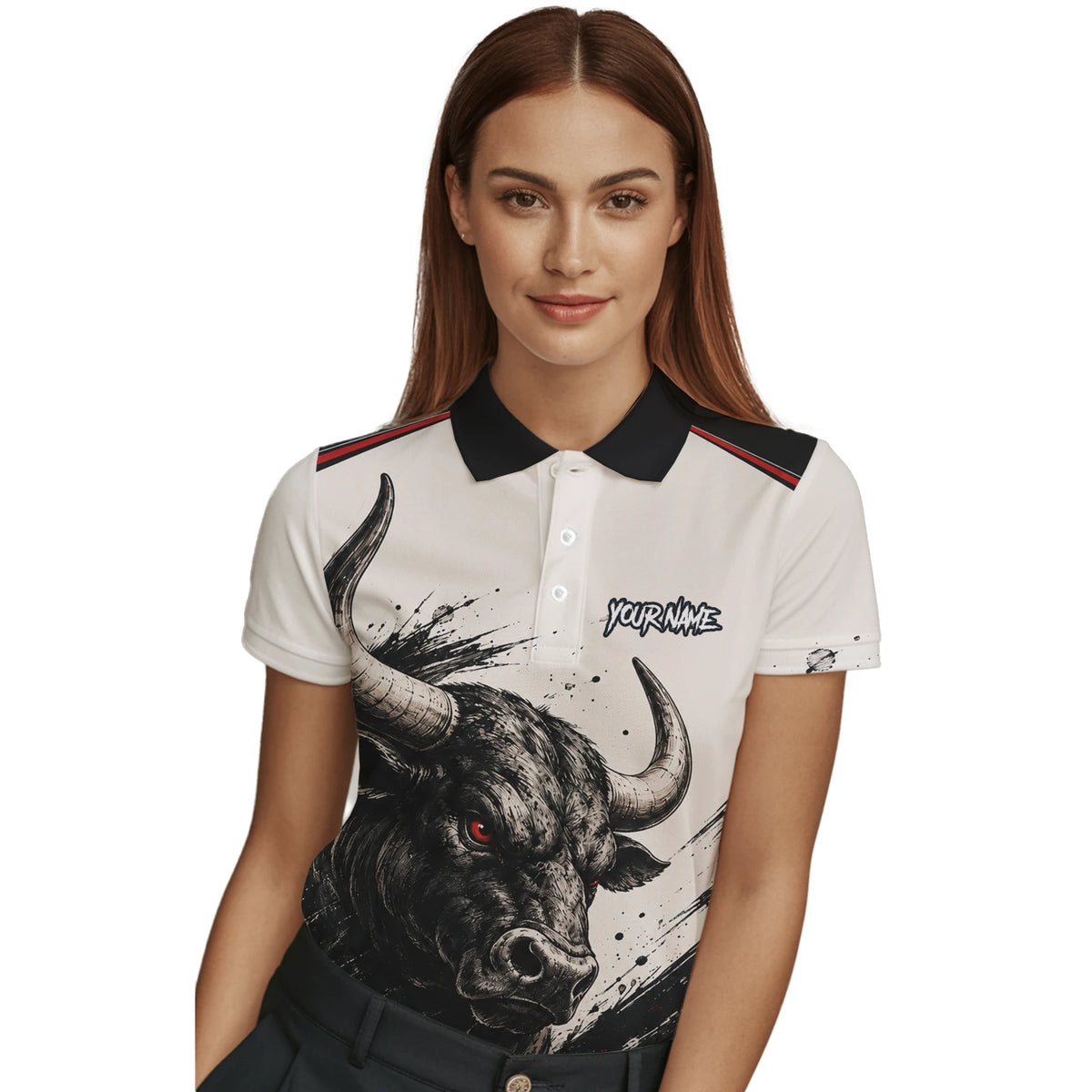 Personalisiertes Dartshirt mit weiß-schwarz-rotem Bullen für Damen H473