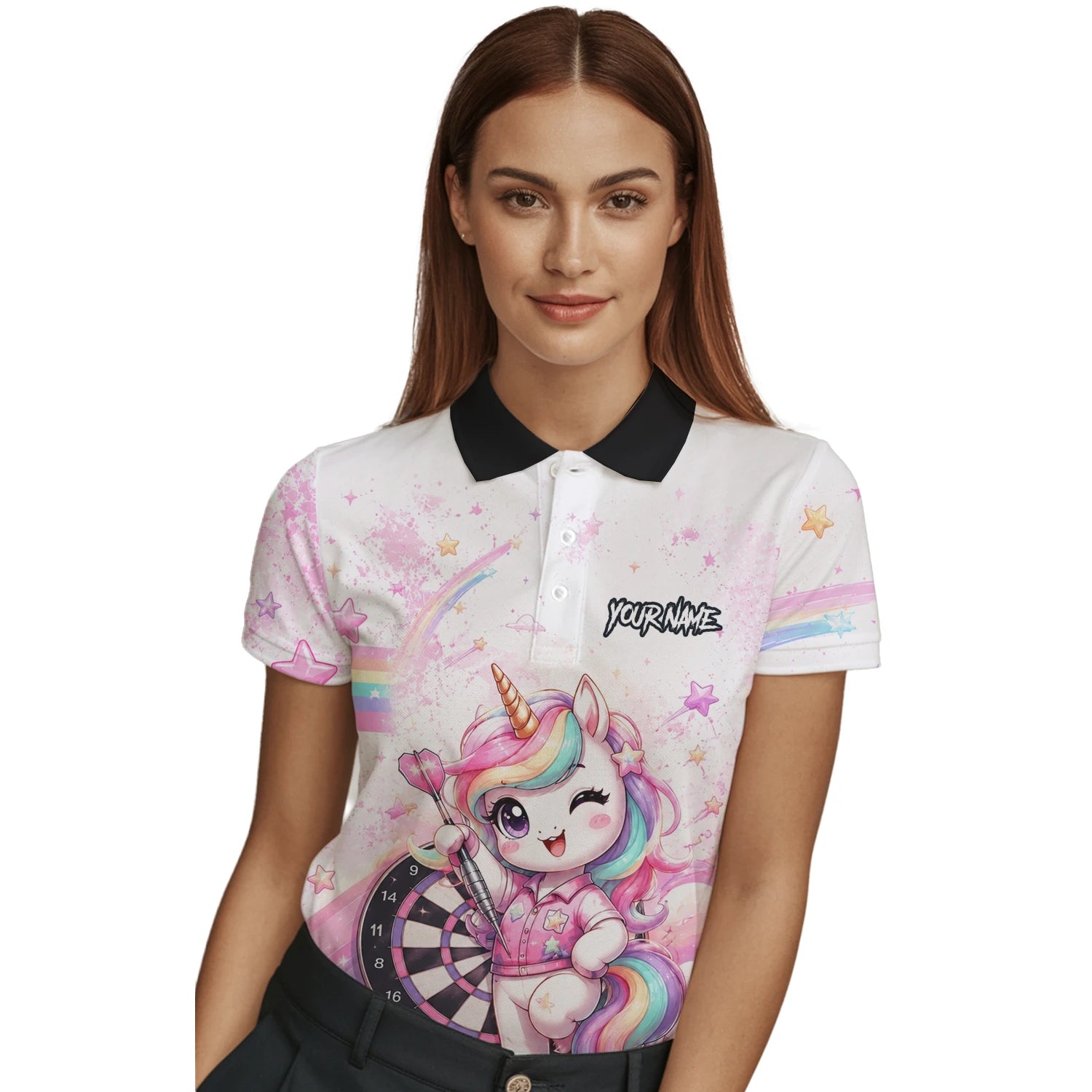 Personalisiertes Weiß-rosa Regenbogen-Einhorn-Dartshirt für Damen F188