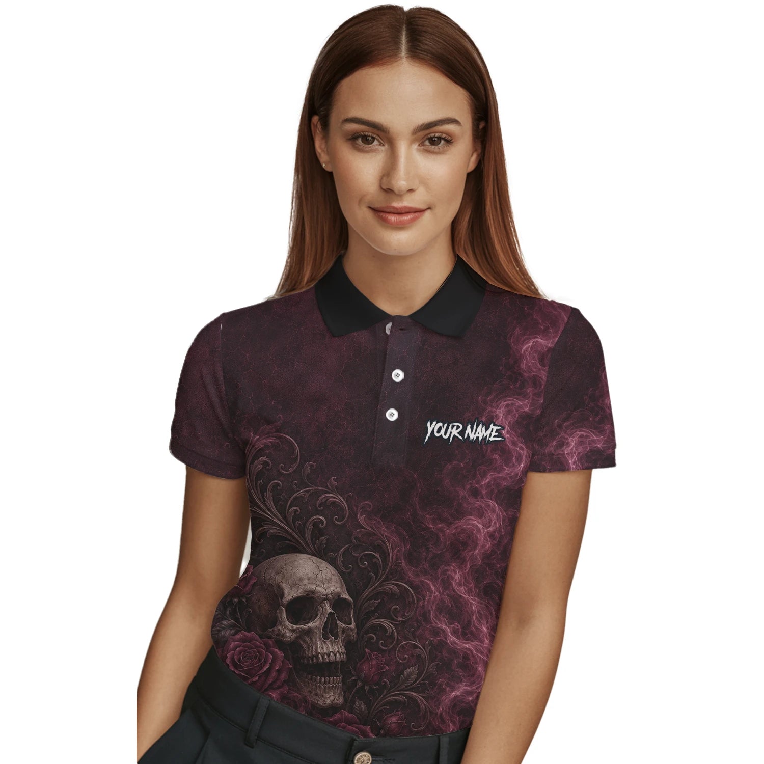 Personalisiertes Dunkelrot-schwarzes Totenkopf-Rosen-Dartshirt für Damen U786