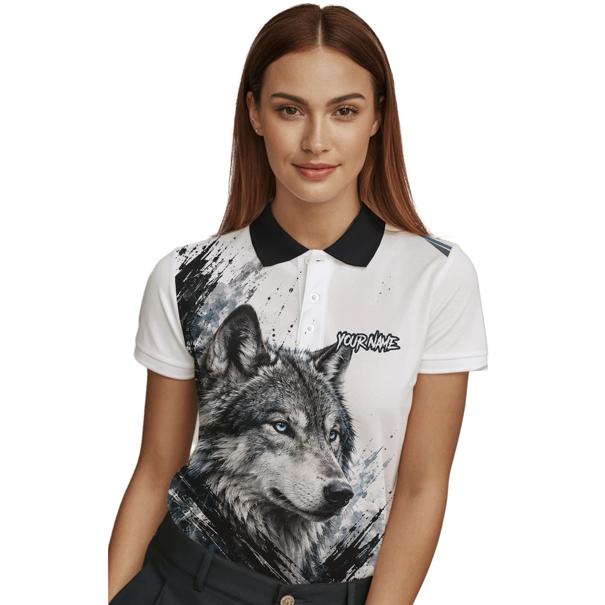 Personalisiertes Dartshirt mit weiß-schwarz-blauem Wolf für Damen P634