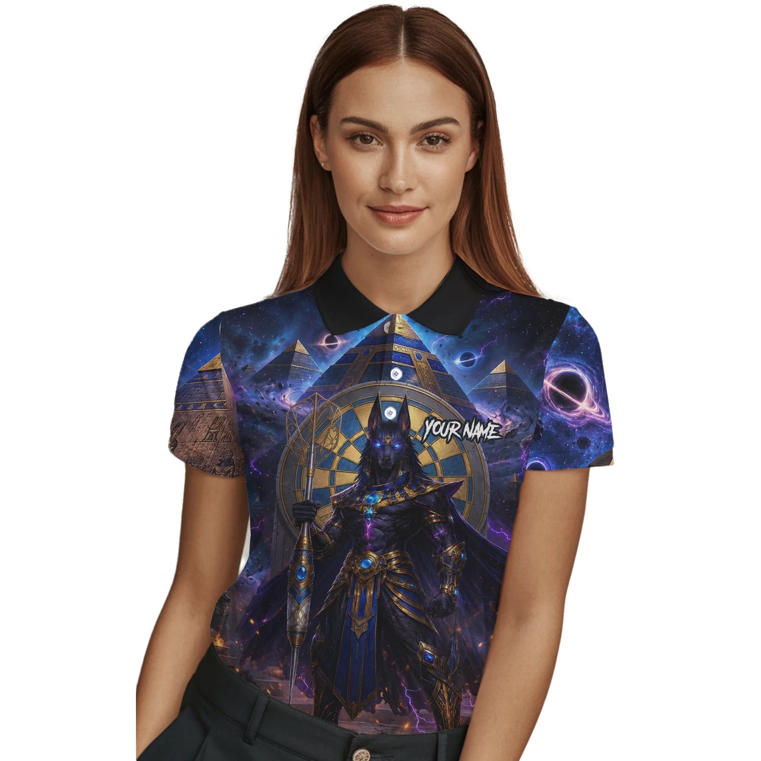 Personalisiertes Blau-gold-schwarzes Anubis-Dartshirt für Damen N118