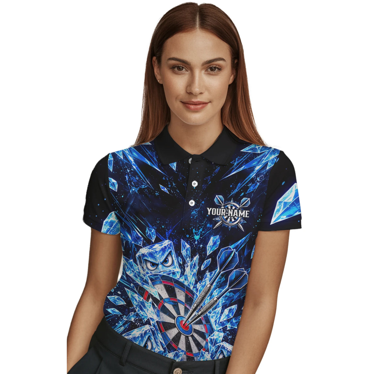 Personalisiertes Dartshirt in Schwarz und Blau mit Eiskristallen, Dartpfeilen und Dartscheibe für Damen X5114