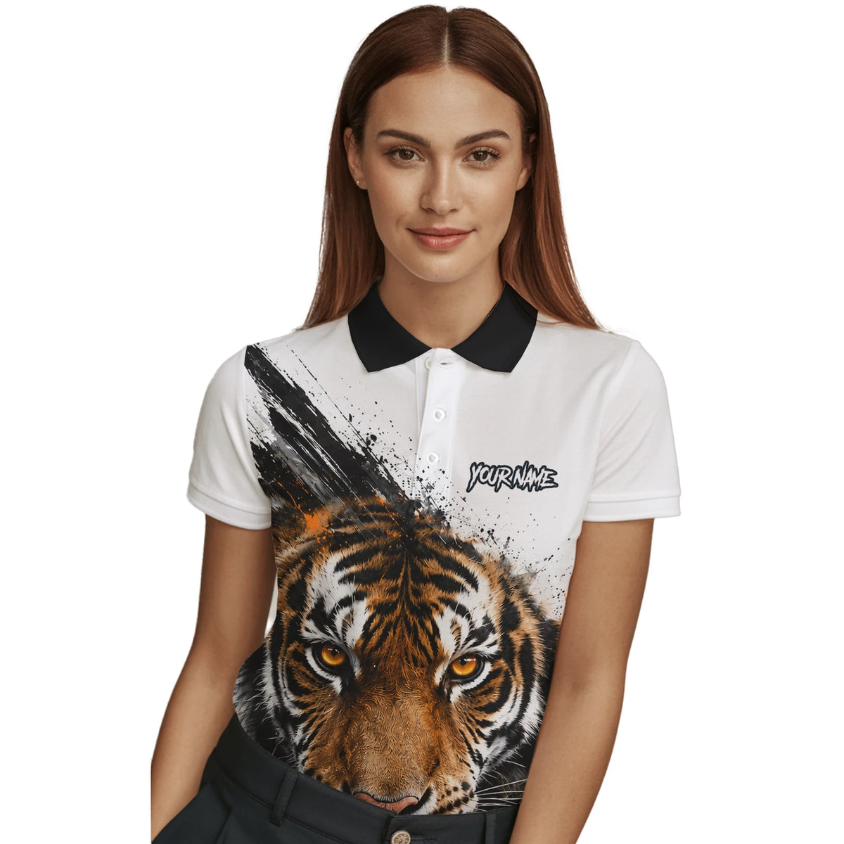 Personalisiertes Dartshirt mit weiß-schwarz-orangenem Tiger für Damen N832