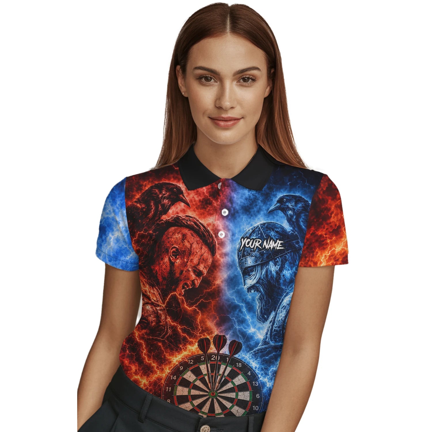 Personalisiertes Rot-blaues Wikinger-Dartshirt für Damen I920