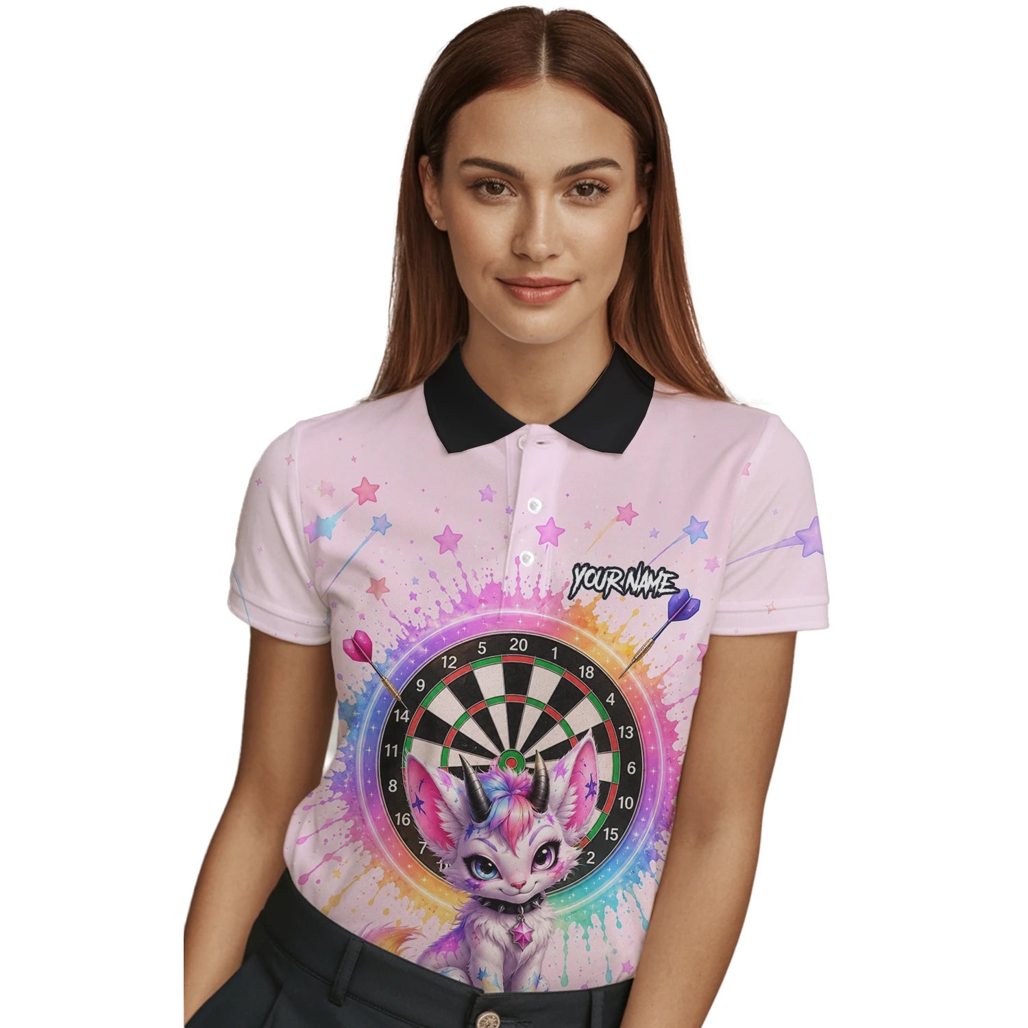 Personalisiertes Rosa Regenbogen Einhorn-Katzen-Dartshirt für Damen X398