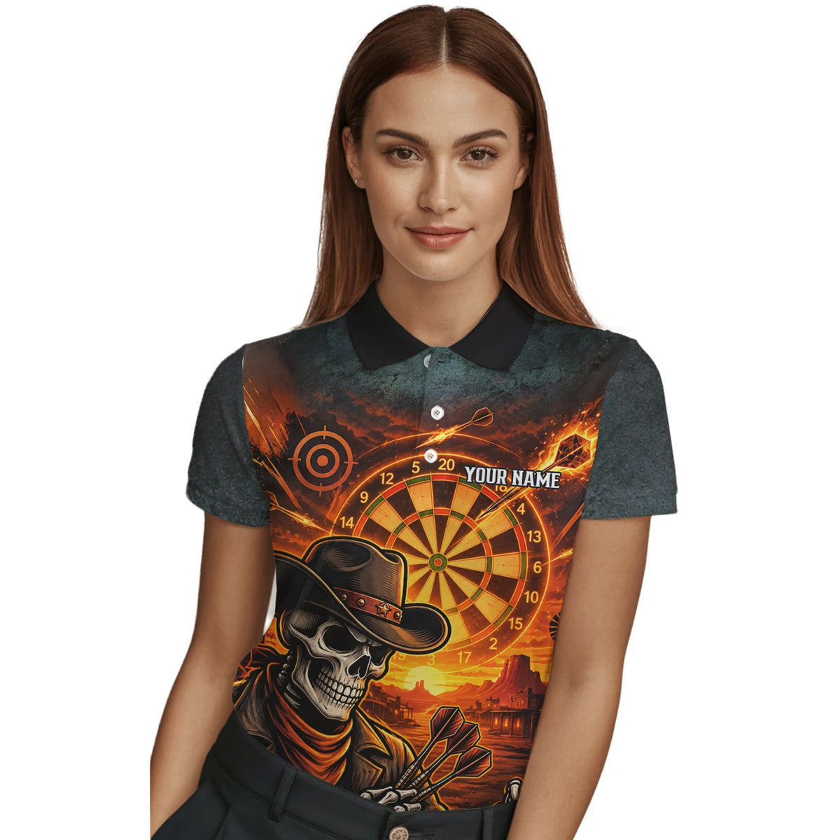 Personalisiertes Dartshirt in Schwarz und Orange mit Western-Cowboy-Totenkopf und Dartscheibe für Damen L8691