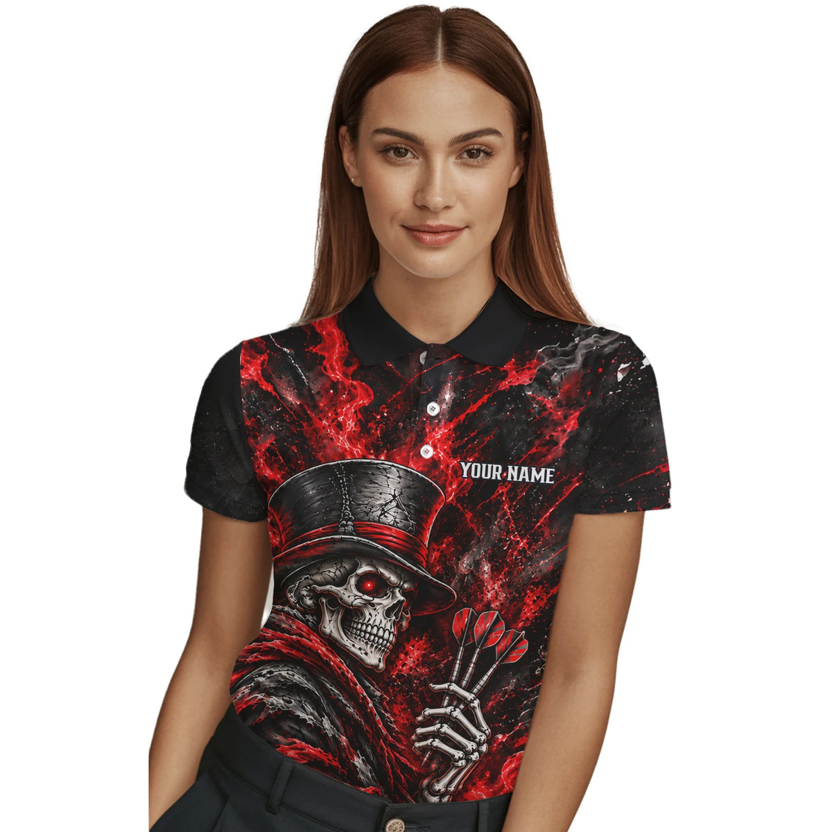 Personalisiertes Dartshirt in Schwarz und Rot mit Skelett, Zylinder, Dartpfeilen und Dartscheibe für Damen R5016