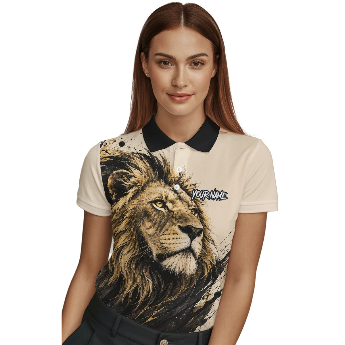 Personalisiertes Dartshirt mit creme-schwarz-goldenem Löwen für Damen Q209