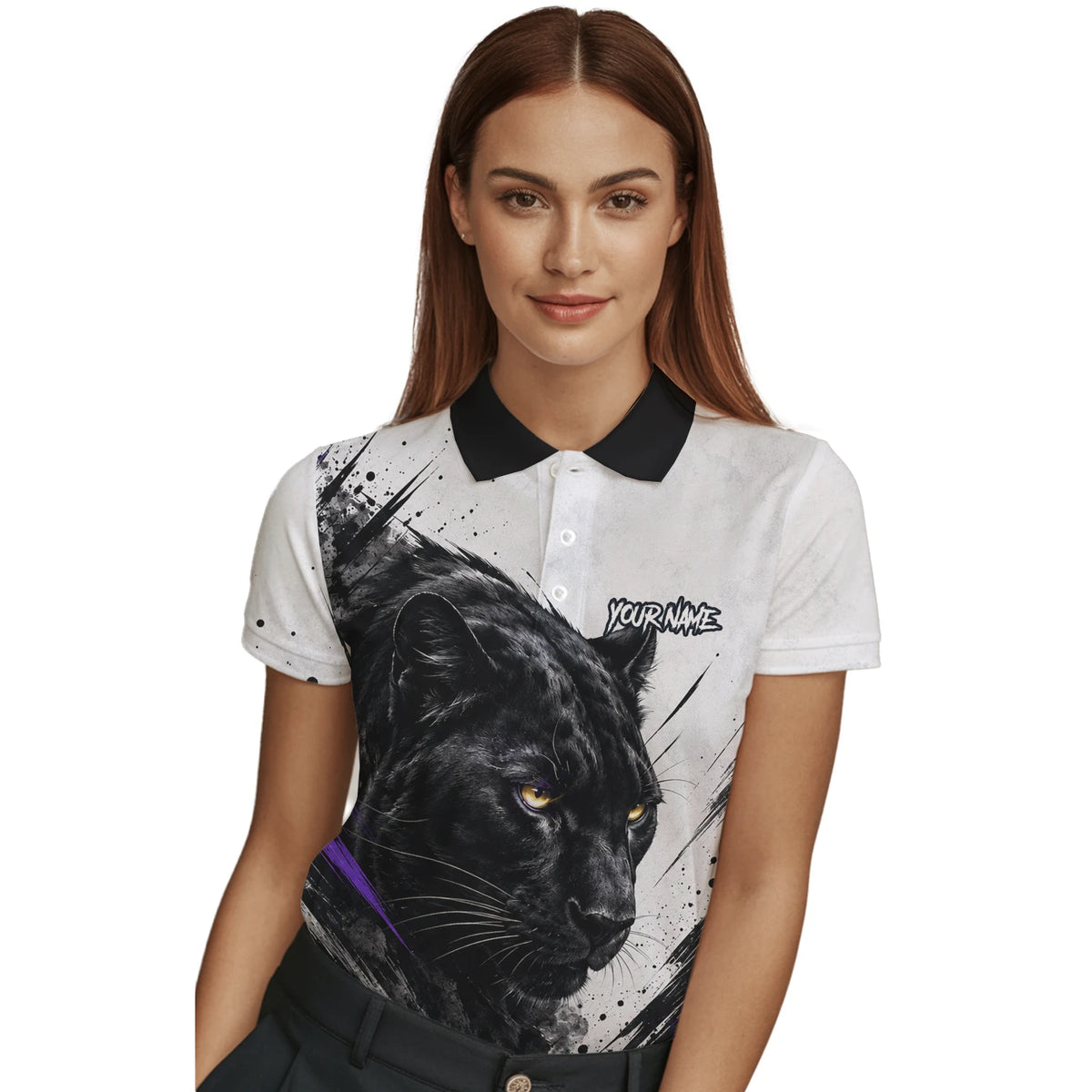 Personalisiertes Dartshirt mit weiß-schwarz-violettem Panther für Damen W442