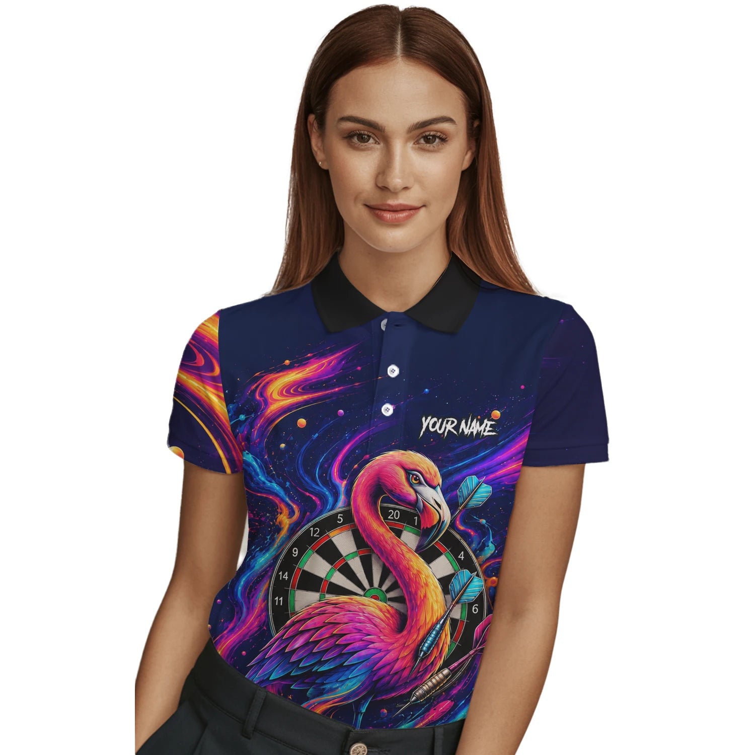 Personalisiertes Neon-Flamingo-Galaxie Dart Poloshirt für Damen D064