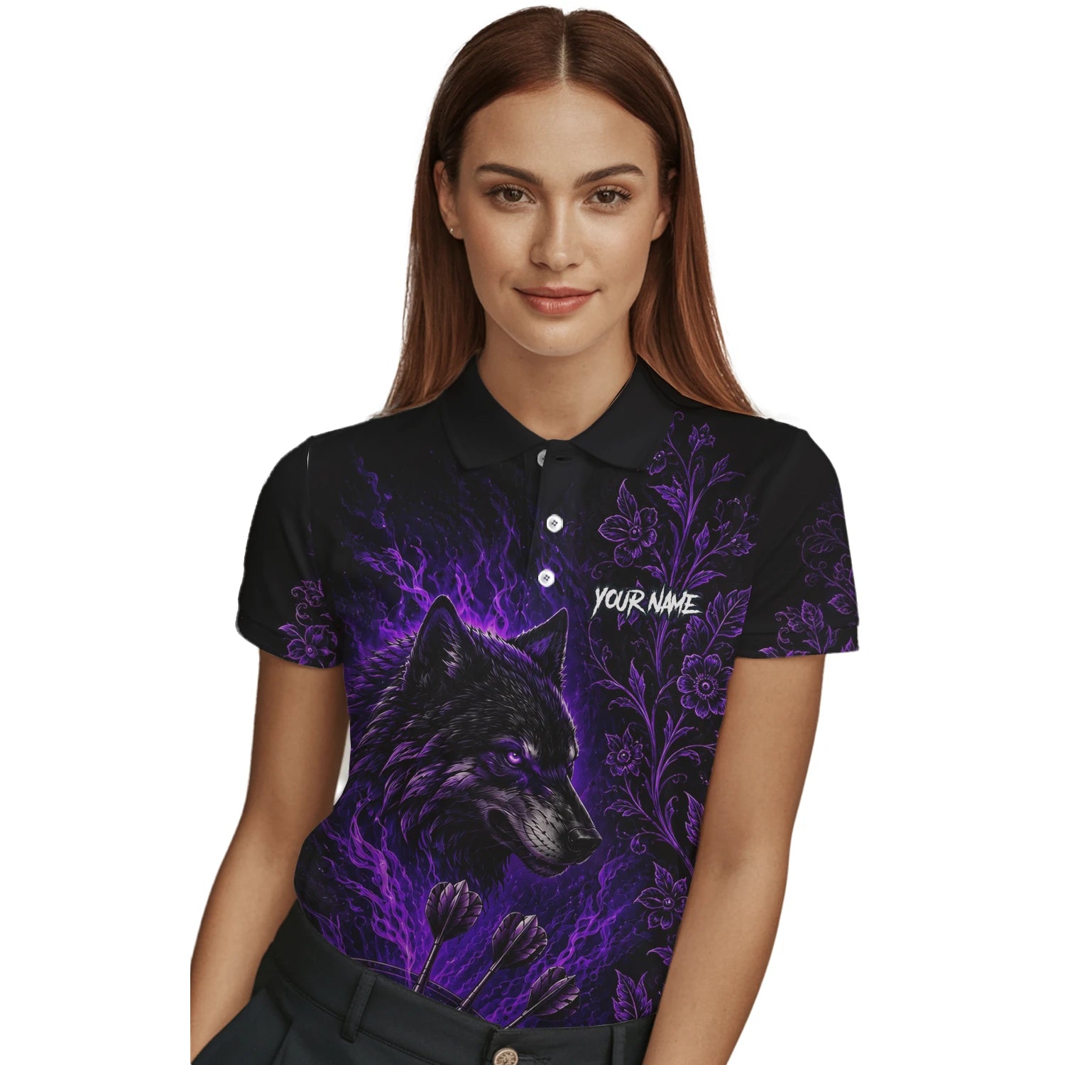 Personalisiertes Schwarz-lila Wolf-Dartboard Dartshirt für Damen J133