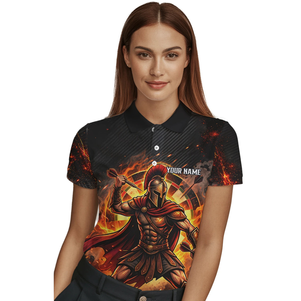 Personalisiertes Dartshirt in Schwarz, Rot und Orange mit spartanischem Krieger, Flammen und Dartscheibe für Damen X1710