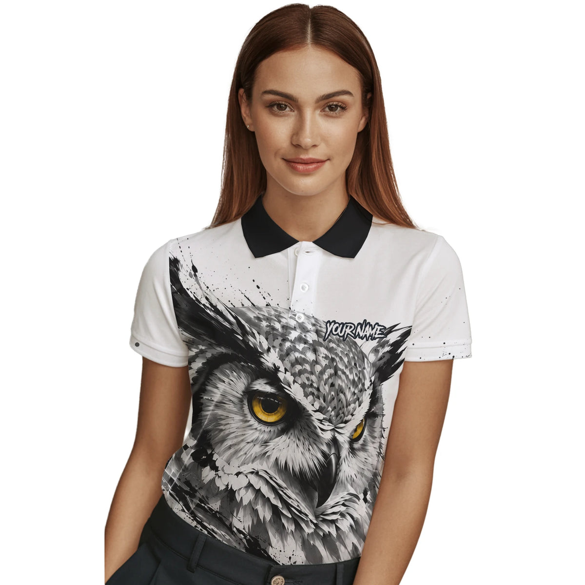 Personalisiertes Dartshirt mit weiß-schwarz-gelber Eule für Damen P128