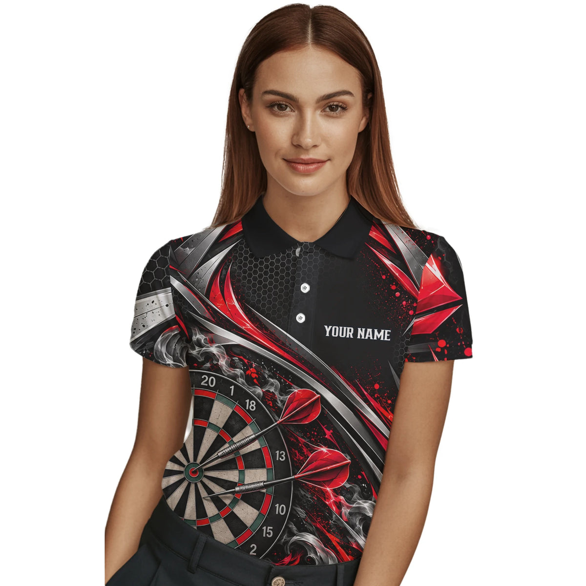 Personalisiertes Dartshirt in Schwarz, Rot und Silber mit geschwungenen Linien und Dartscheibe für Damen L9172