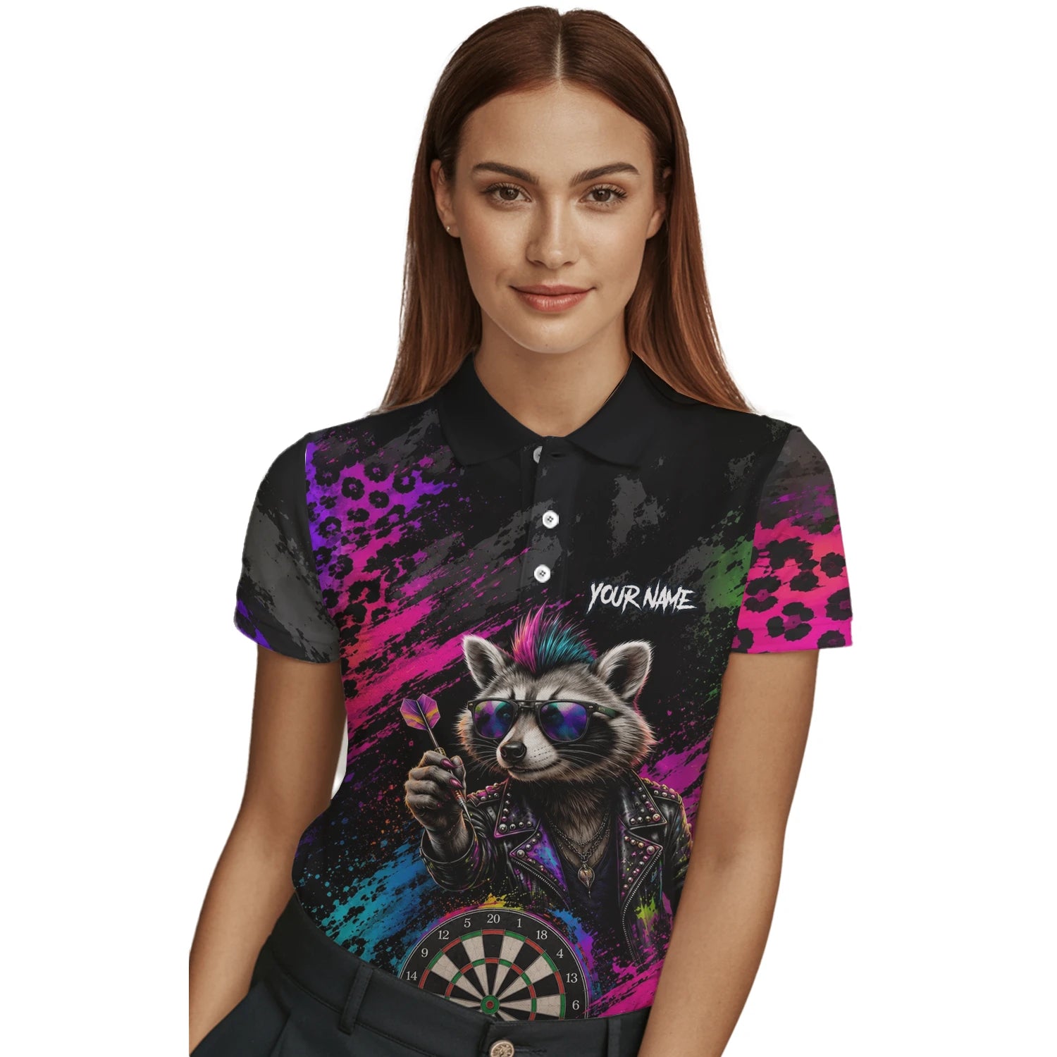 Personalisiertes Schwarz-buntes Punk-Waschbär-Dartboard Dartshirt für Damen E164