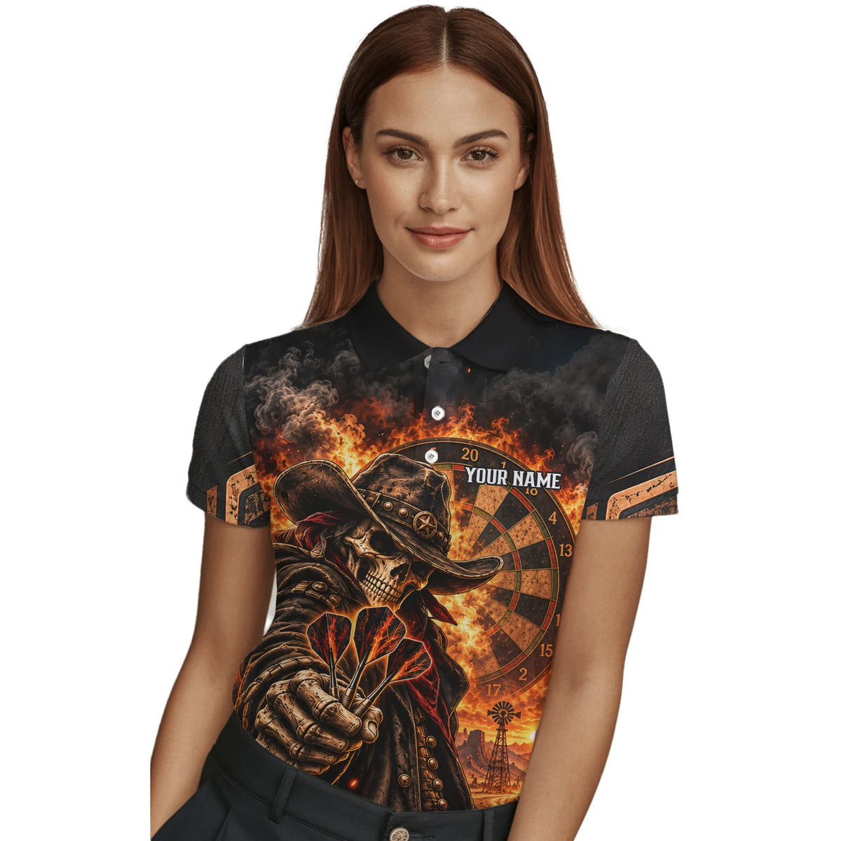 Personalisiertes Dartshirt in Schwarz und Orange mit Cowboy-Totenkopf, Flammen und Dartscheibe für Damen G9772