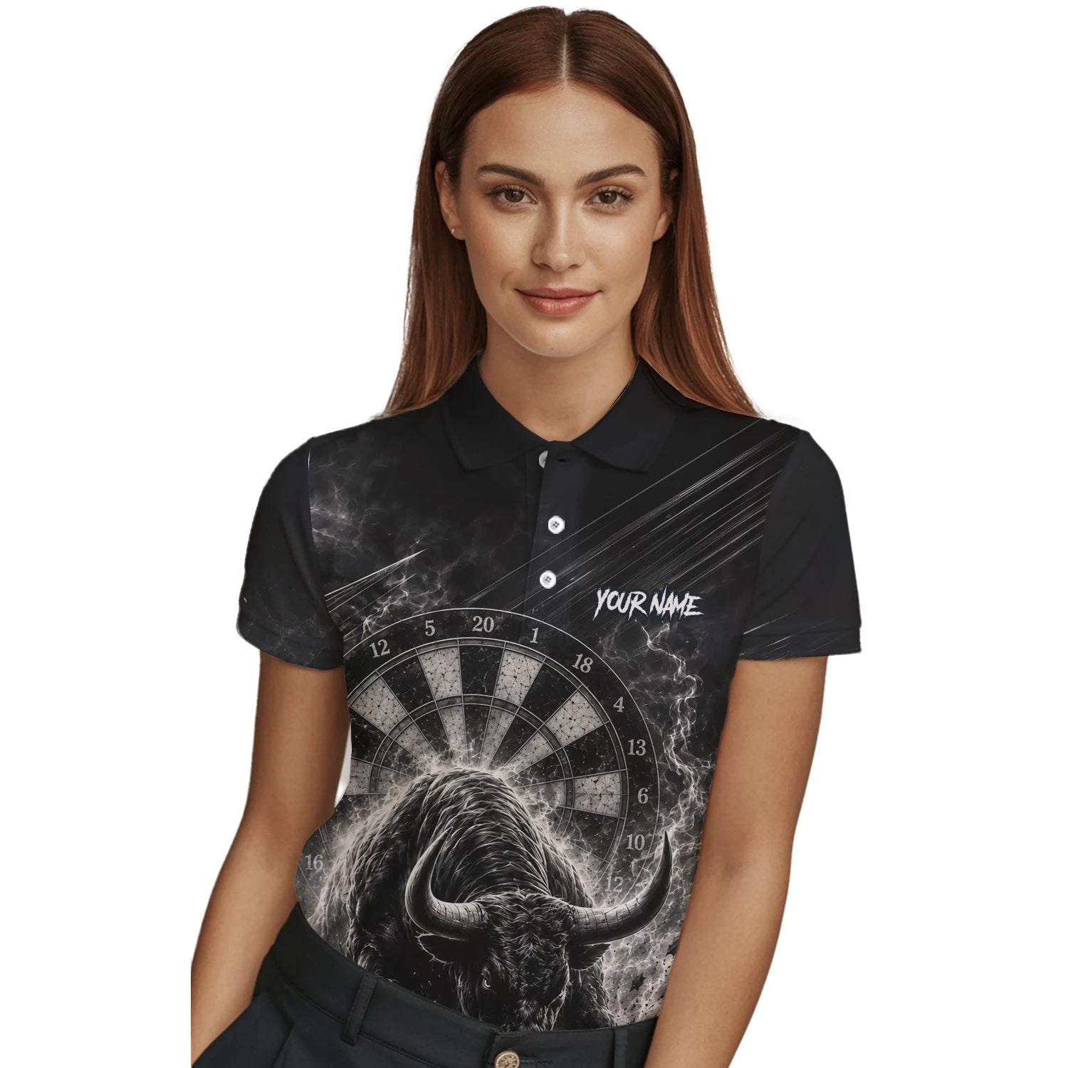 Personalisiertes Schwarz-weißes Stierkopf-Dartshirt für Damen V420