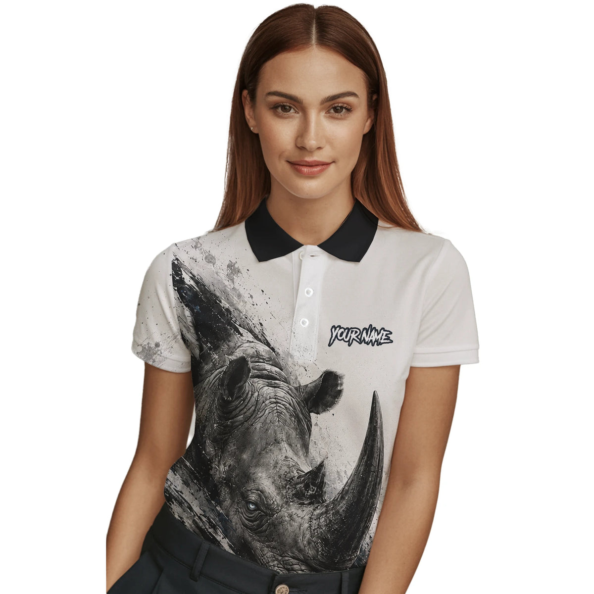 Personalisiertes Dartshirt mit weiß-schwarz-grauem Nashorn für Damen C312