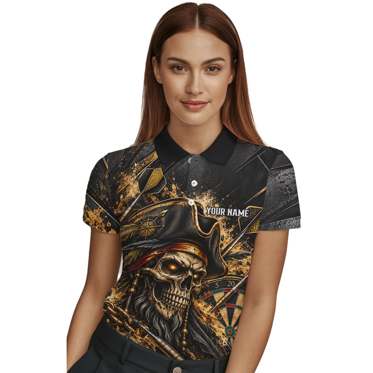 Personalisiertes Dartshirt in Schwarz und Gold mit Piraten-Totenkopf und Dartscheibe für Damen X7403