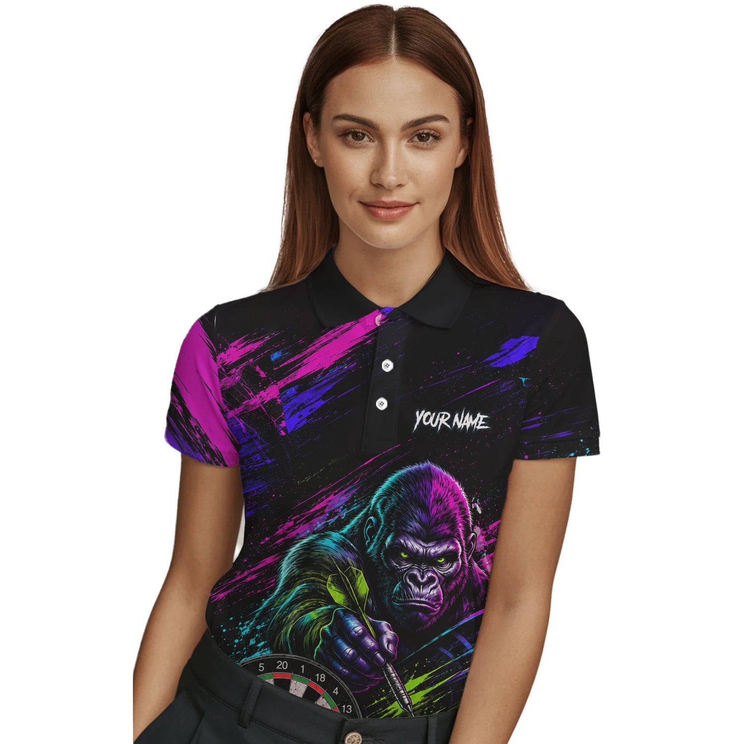 Personalisiertes Schwarz-pink-lila Gorilla-Dartshirt für Damen U874
