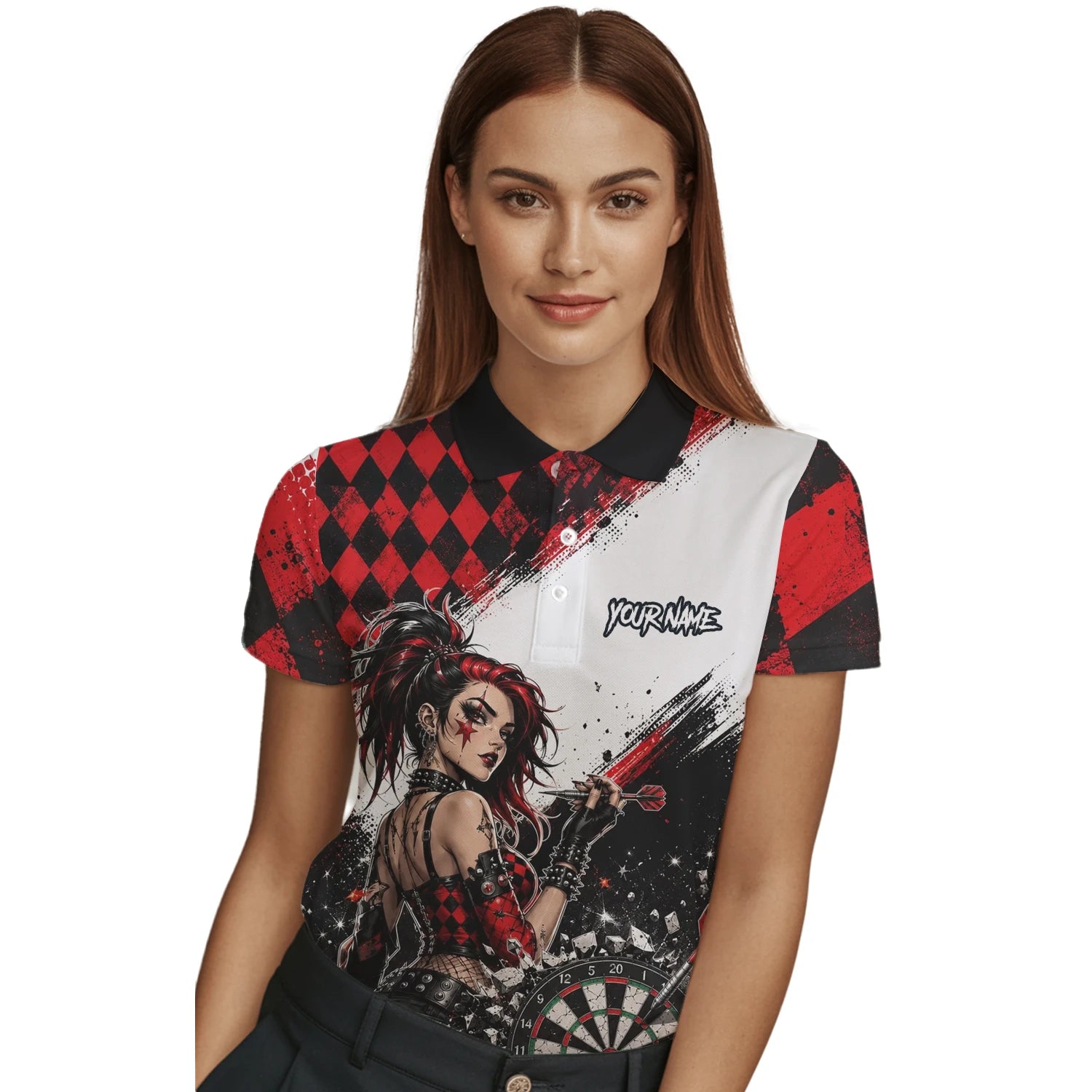 Personalisiertes Rot-schwarzes Gothic-Harlekin Dart Poloshirt für Damen K572