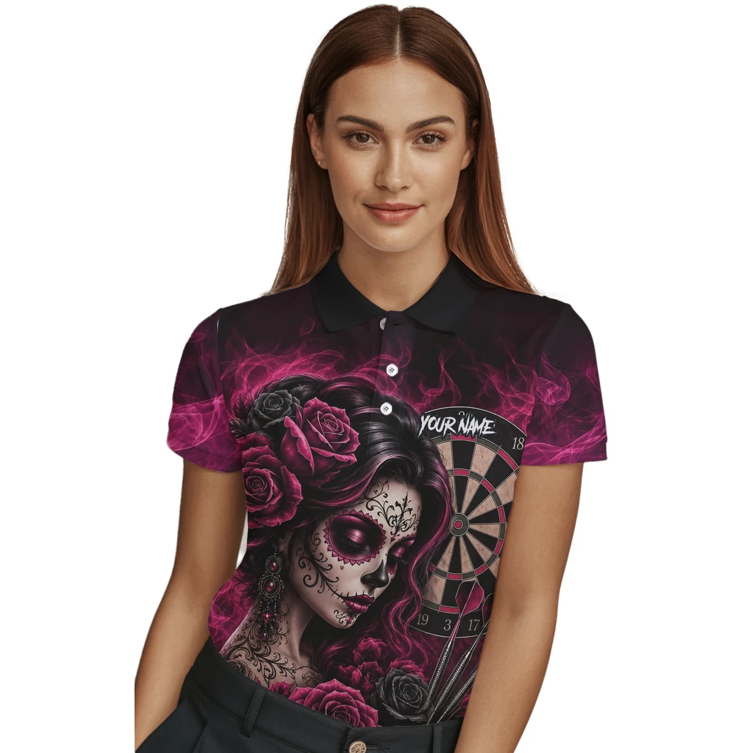Personalisiertes Schwarz-pink Sugar-Skull-Rosen-Dartshirt für Damen Z109