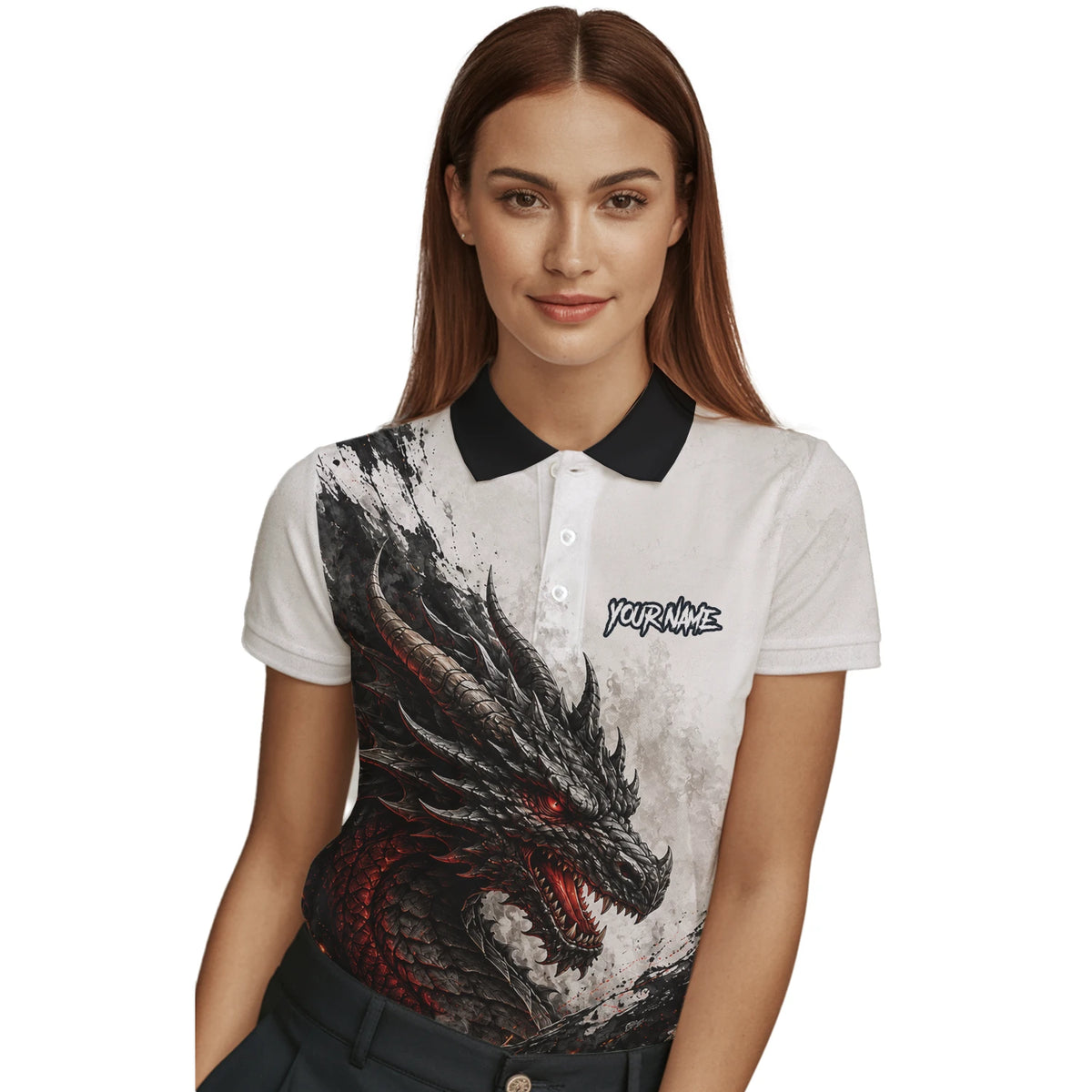 Personalisiertes Dartshirt mit weiß-schwarz-rotem Drachen für Damen Z061