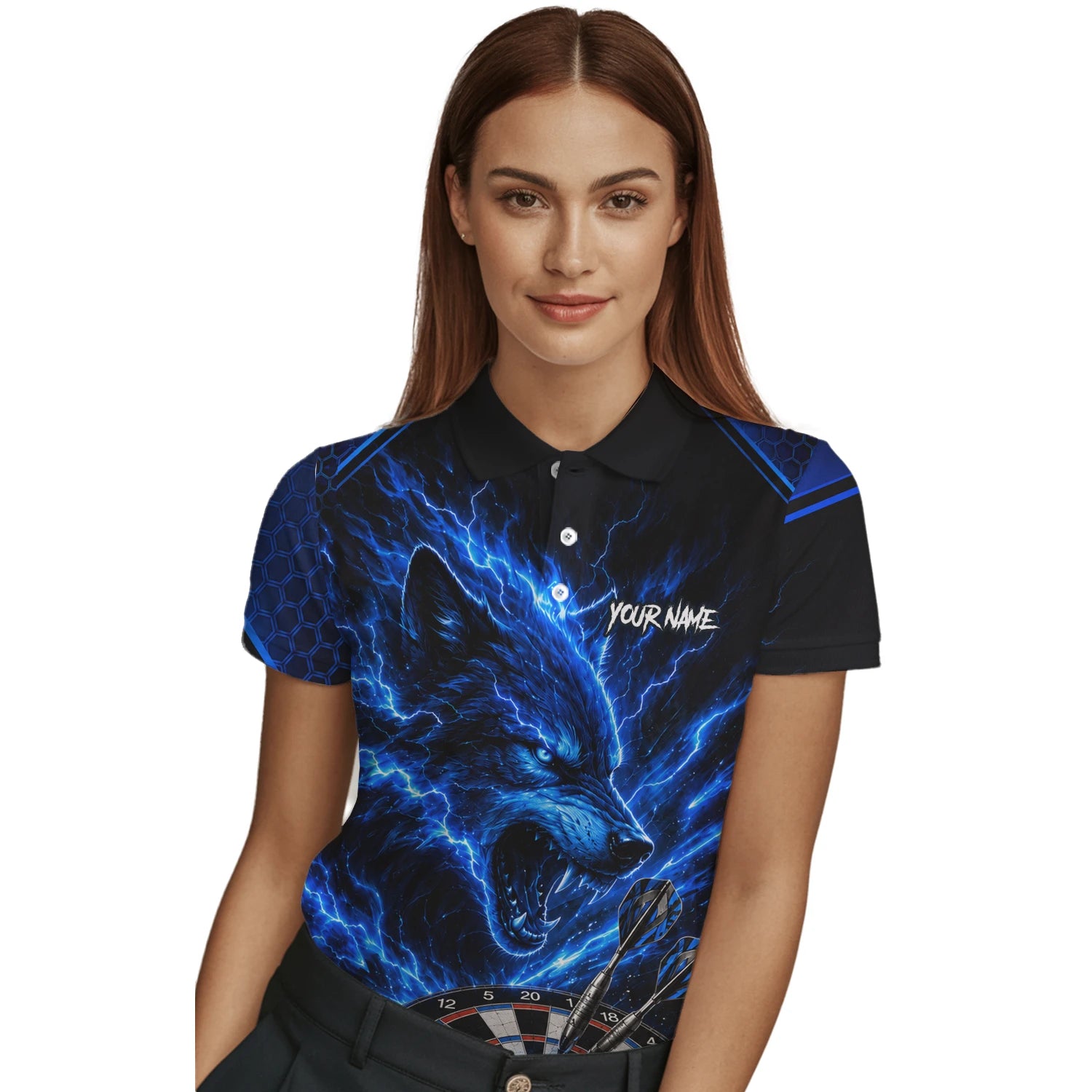 Personalisiertes Schwarz-blaues Wolf-Blitz-Dartshirt für Damen Y375