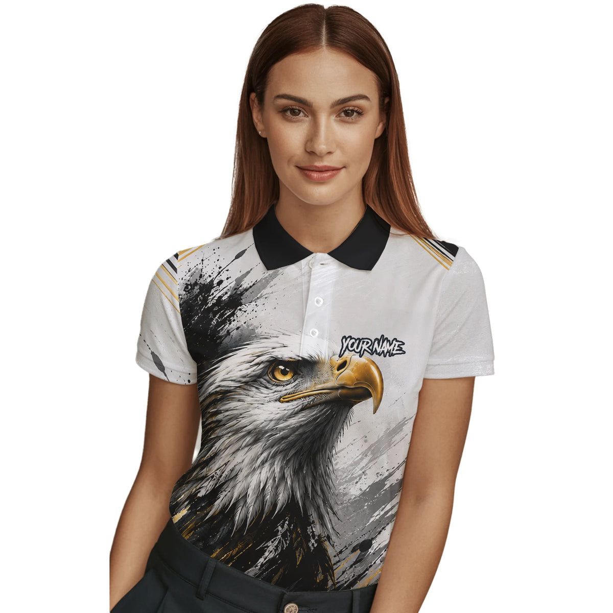 Personalisiertes Dartshirt mit weiß-schwarz-goldenem Weißkopfseeadler für Damen S805