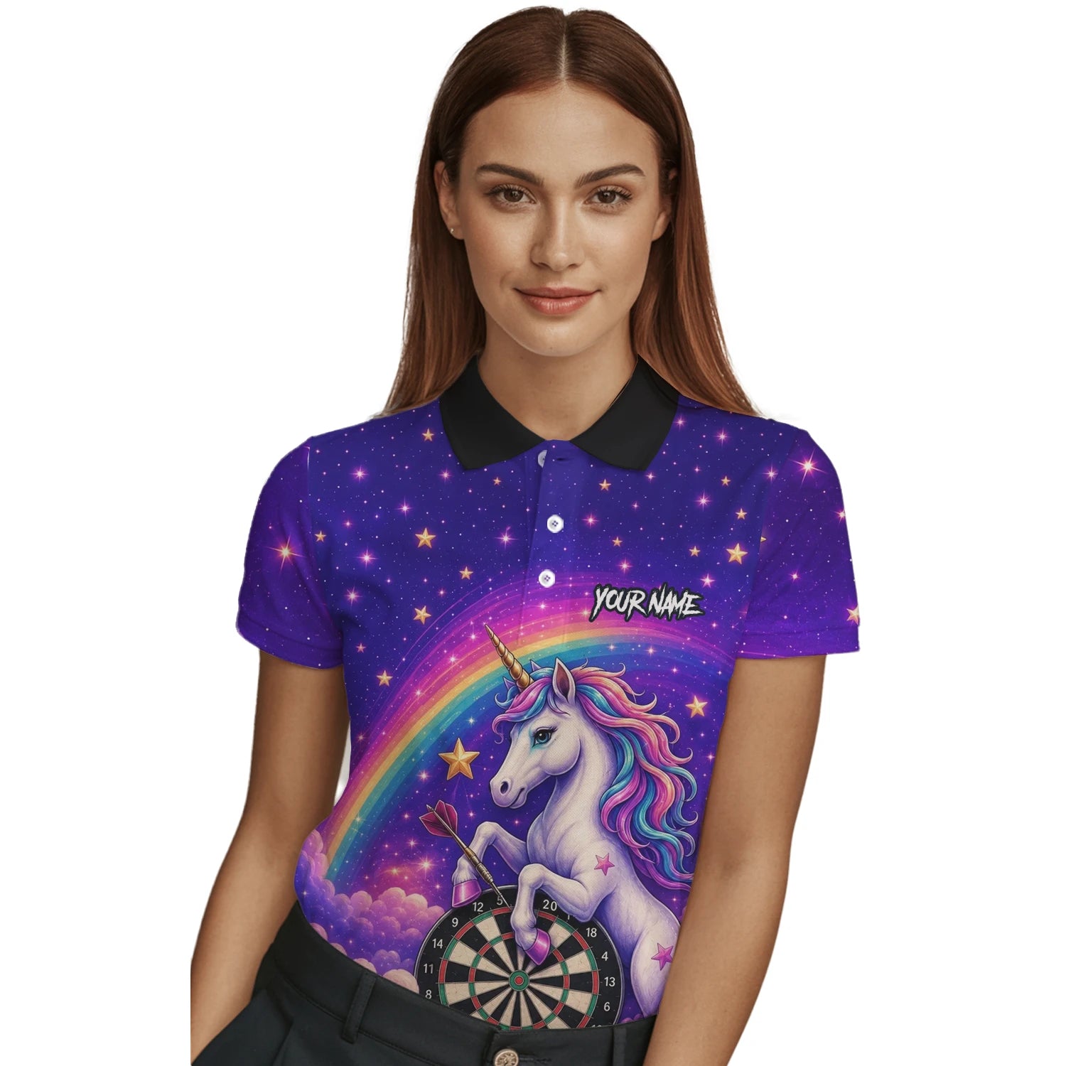 Personalisiertes Regenbogen-Einhorn Dart Poloshirt für Damen V221