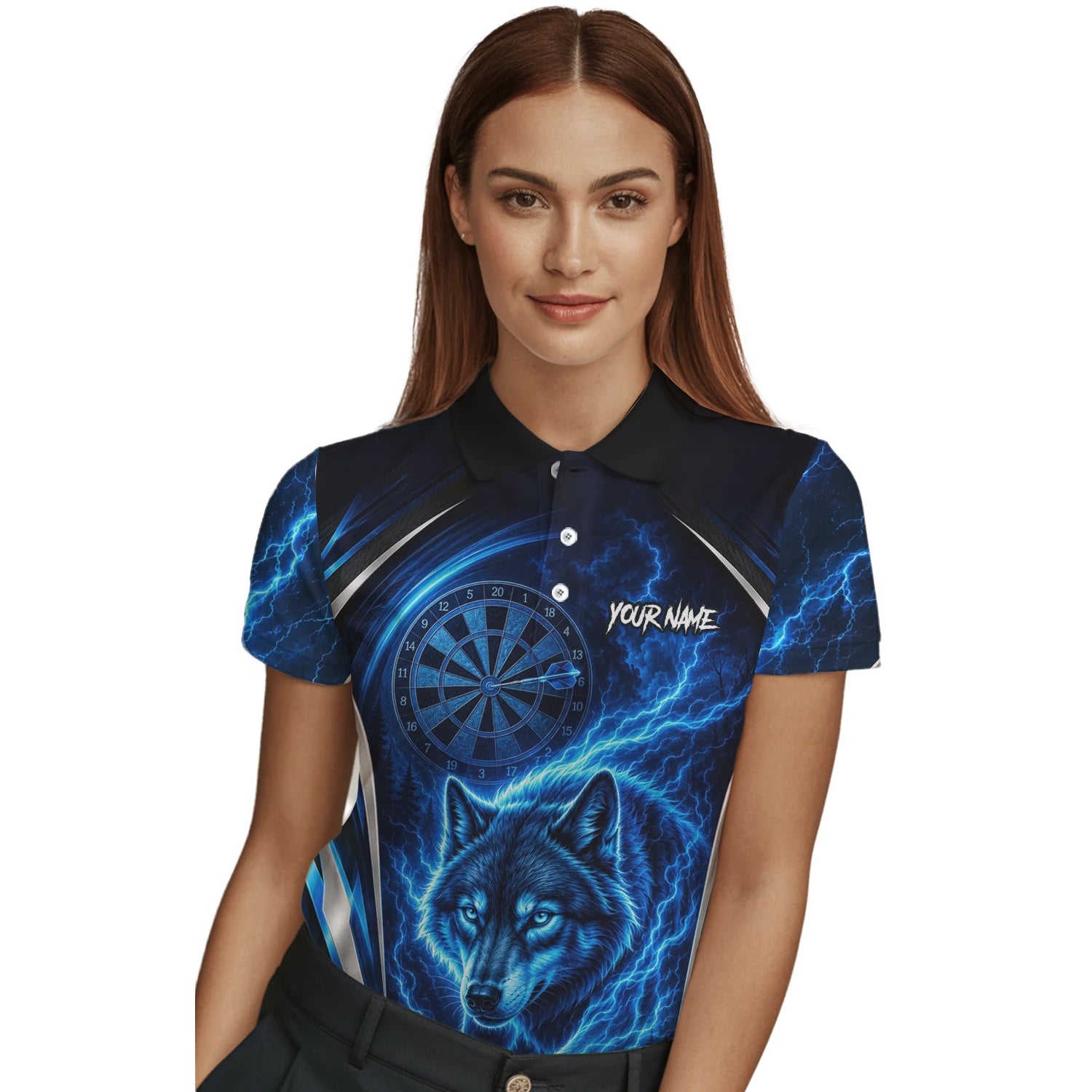 Personalisiertes Schwarz-blaues Wolf-Blitz-Dartshirt für Damen X929