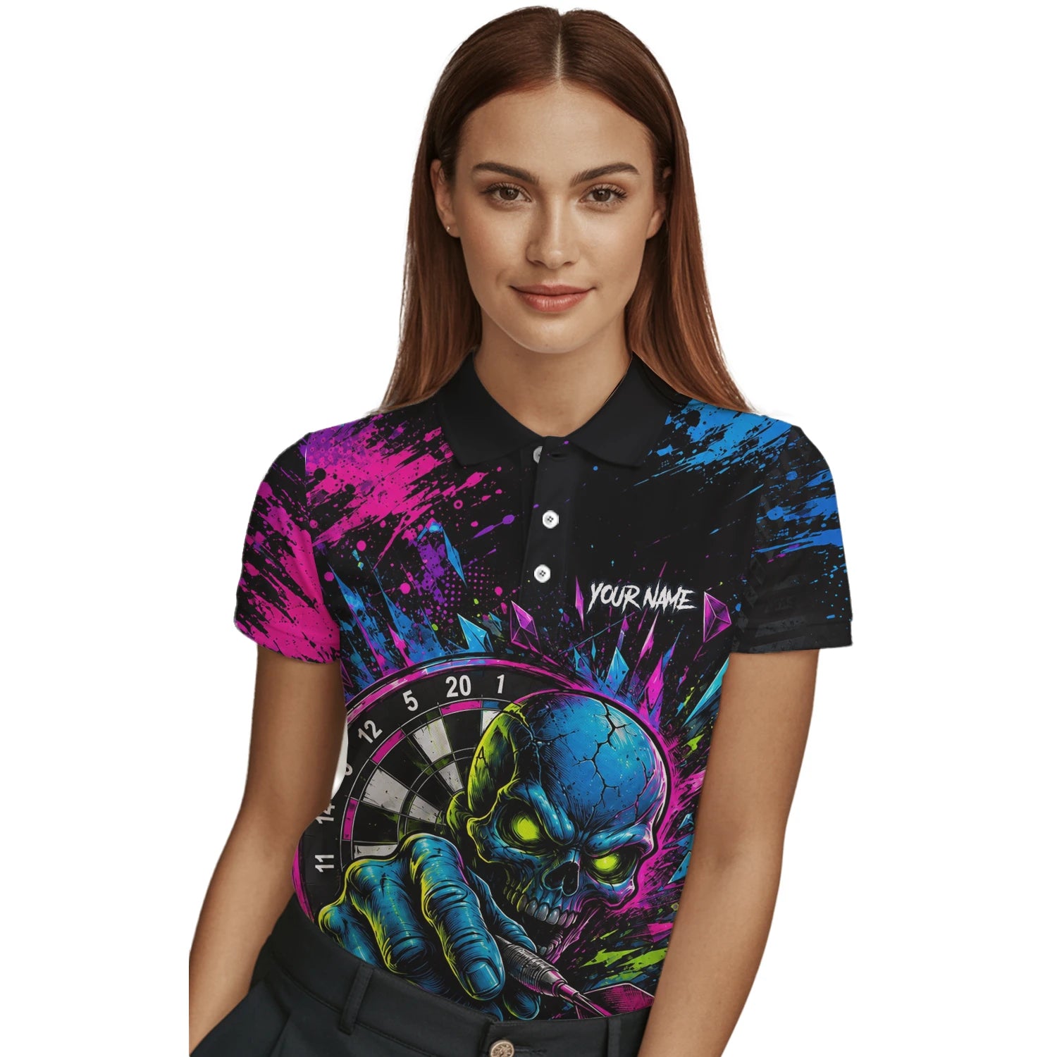 Personalisiertes Neonfarbenes Totenkopf-Dartboard Dartshirt für Damen S232